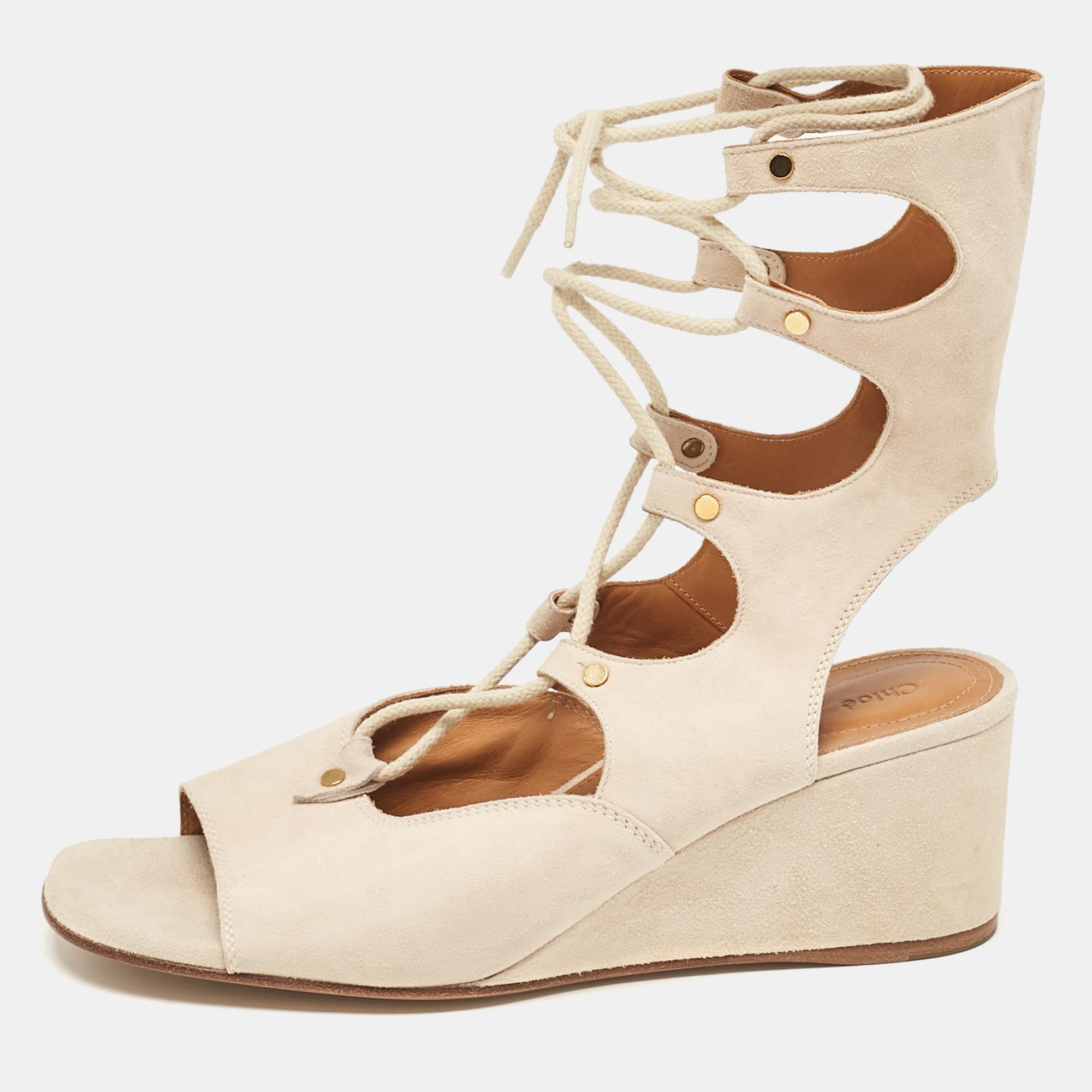 

Chloe Beige Suede Lace Up Wedge Sandals Size