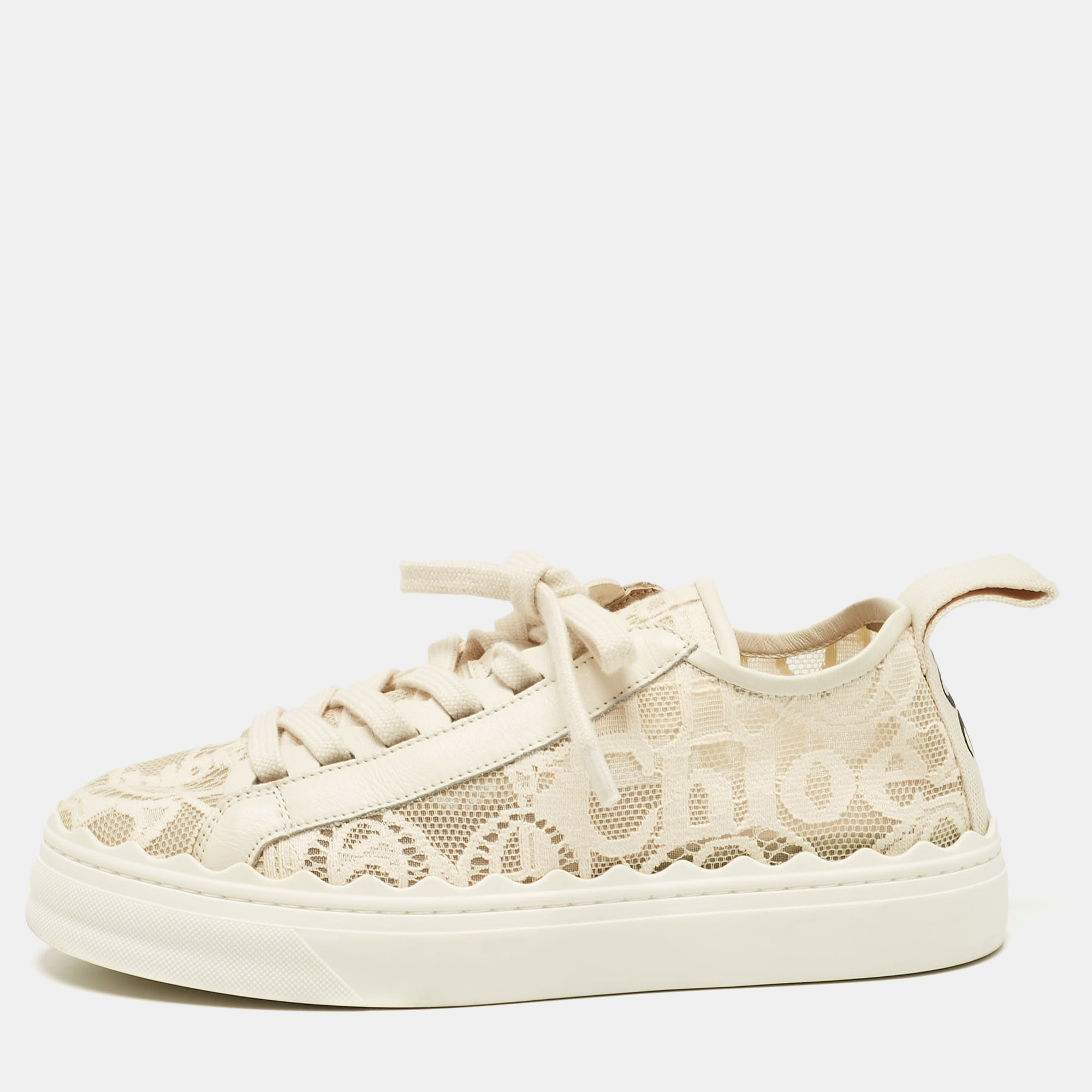 

Chloe Cream Lace and Leather Lauren Lace Up Sneakers Size