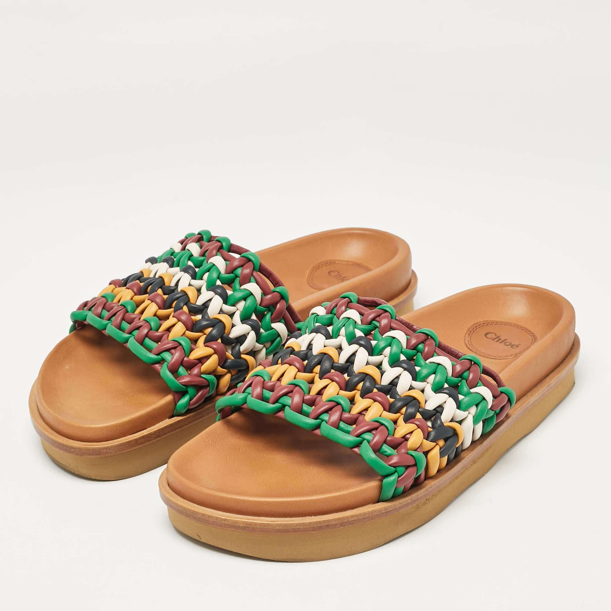 Chloe Multicolor Woven Leather Flat Slides Size 40 