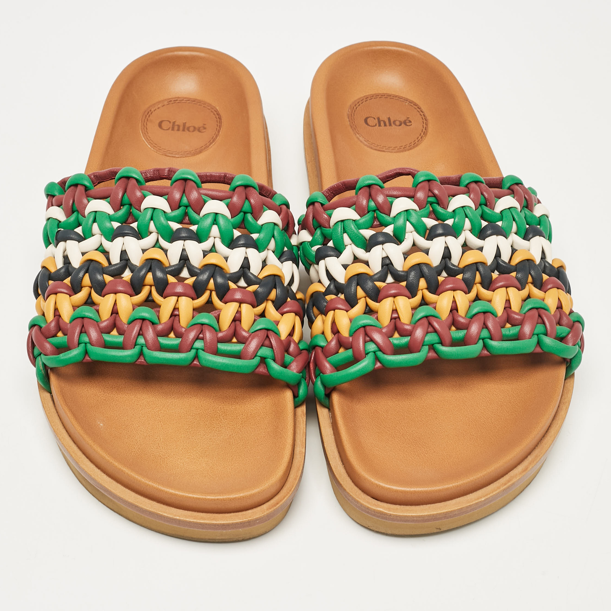 Chloe Multicolor Woven Leather Flat Slides Size 40 