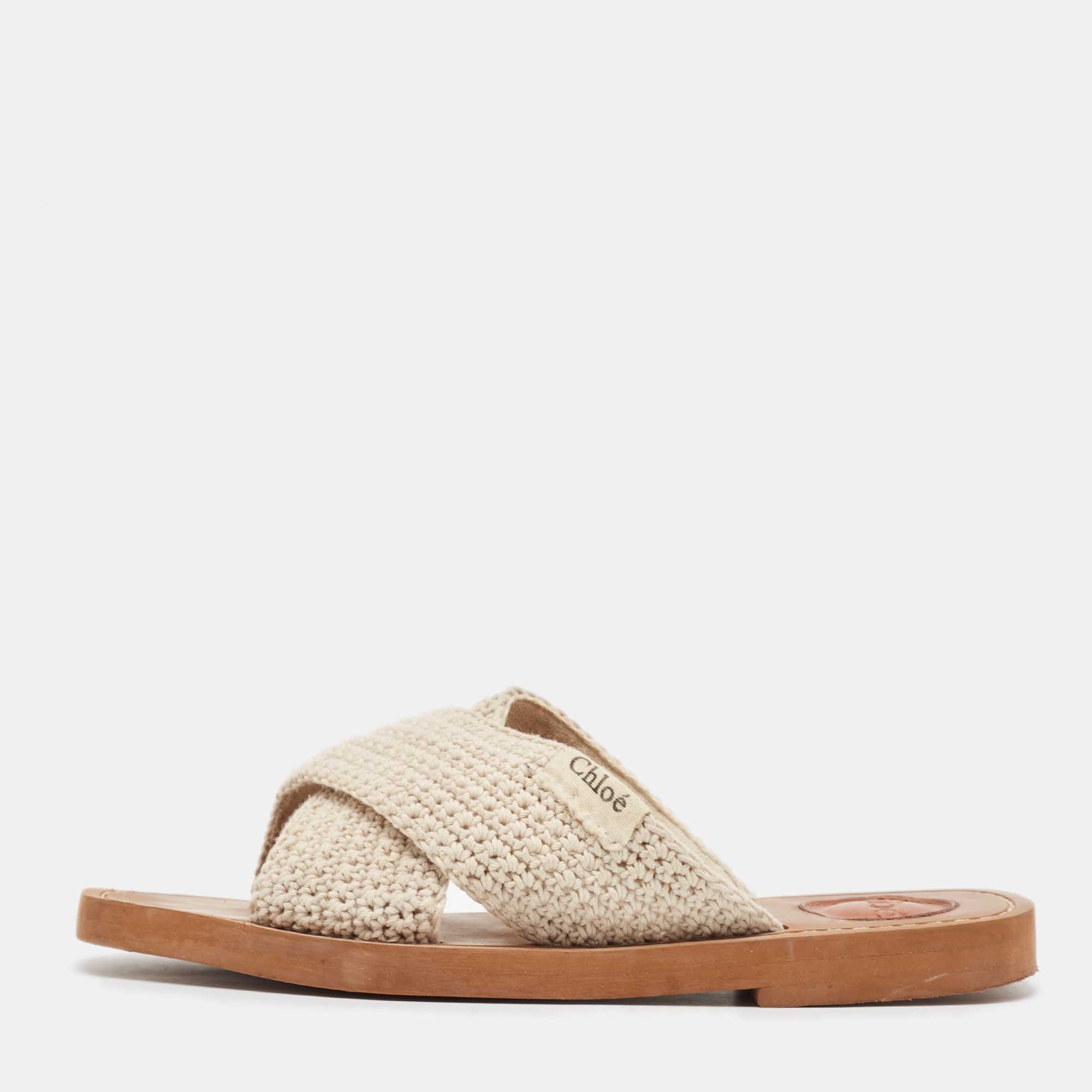 

Chloe Off White Knit Fabric Woody Flat Sandals Size