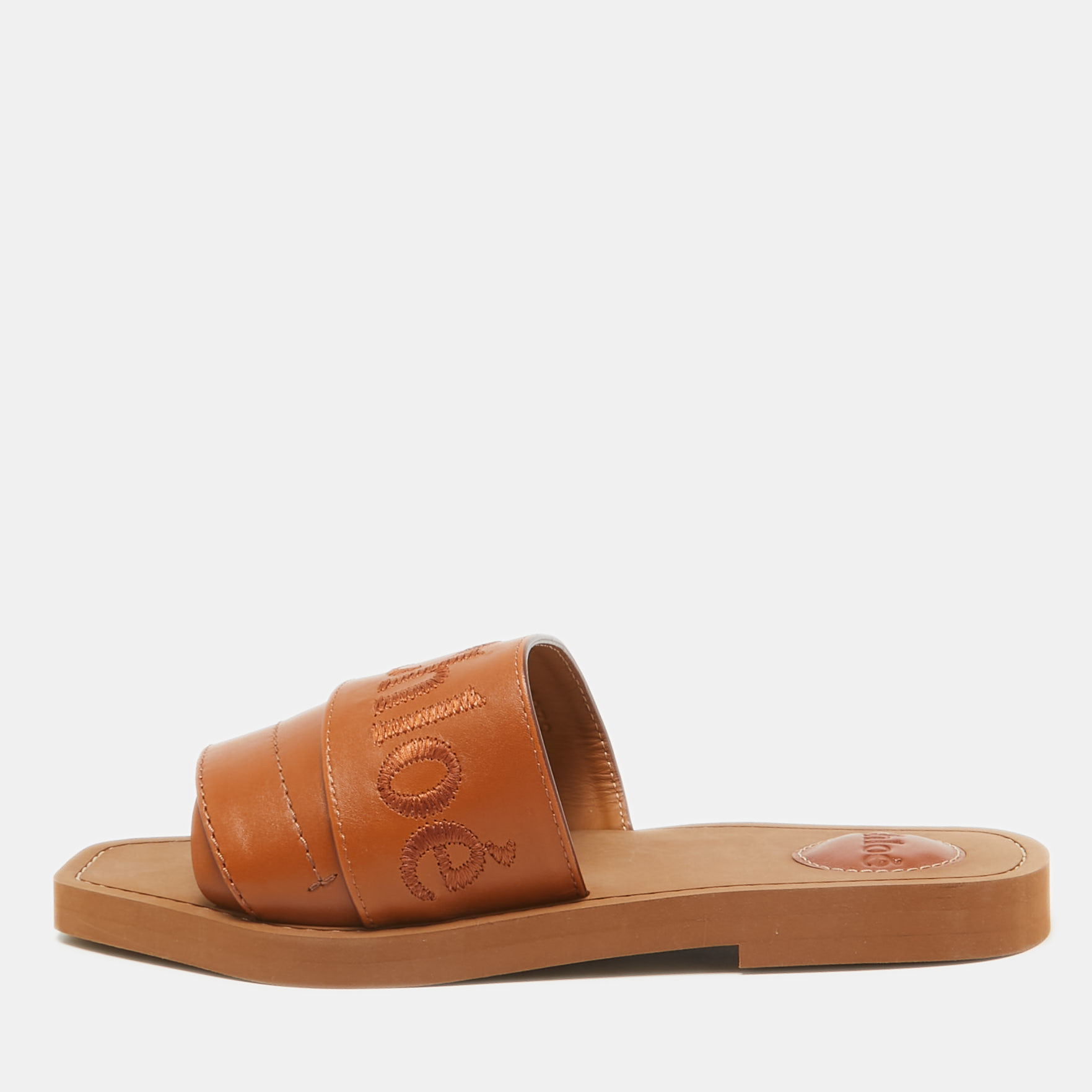 

Chloe Brown Leather Logo Embroidered Woody Flat Slides Size