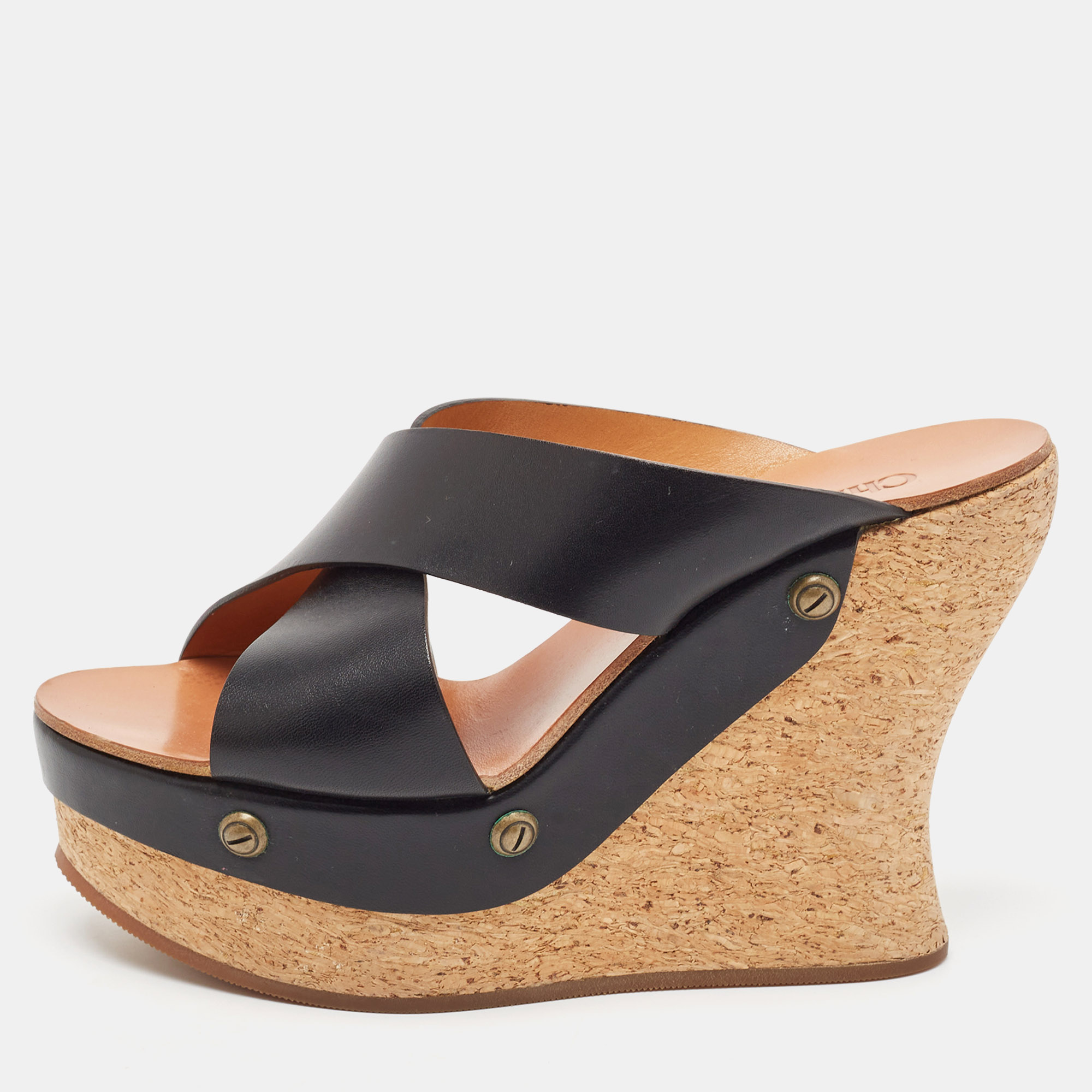 

Chloe Black Leather Cork Wedge Sandals Size