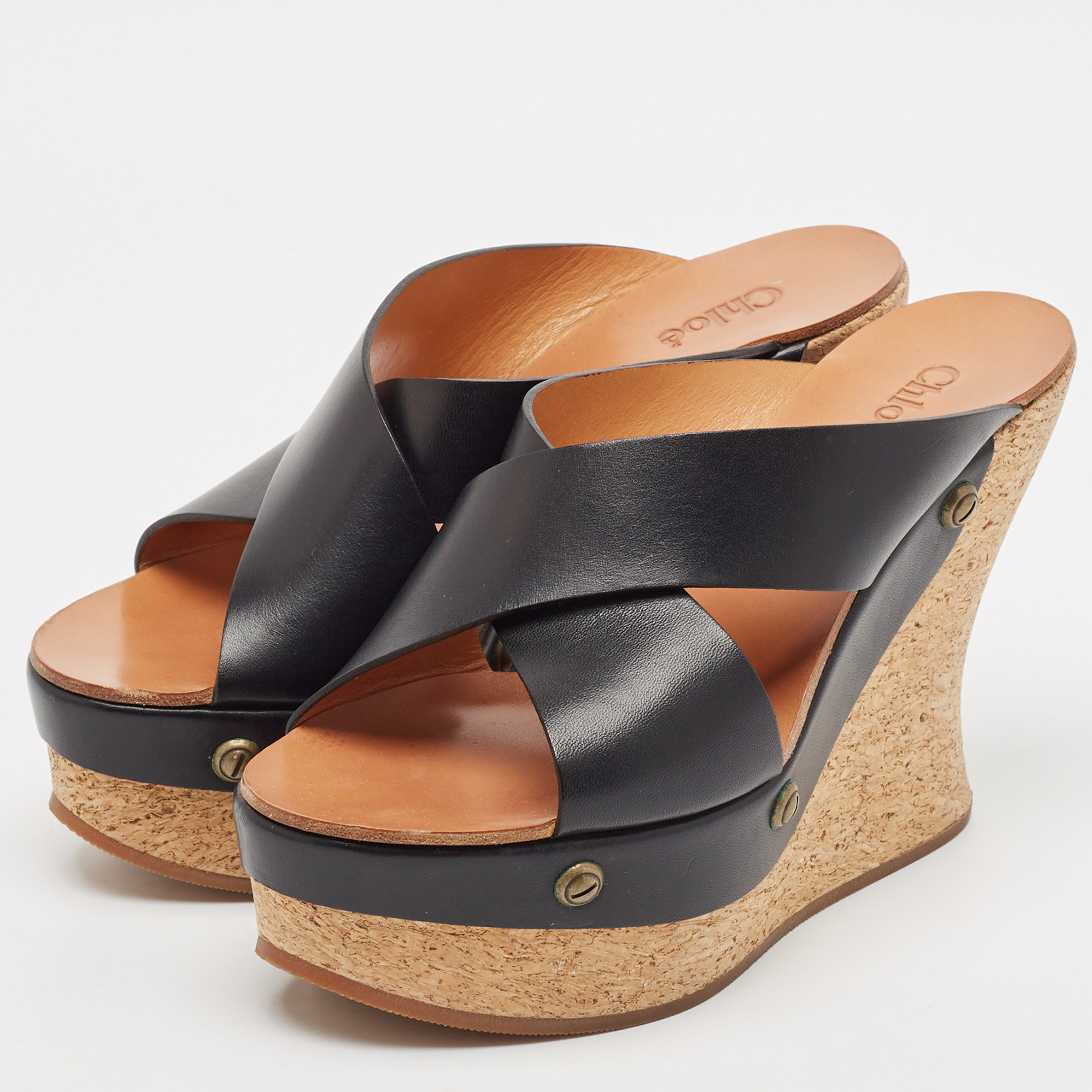 Chloe Black Leather Cork Wedge Sandals Size 38 