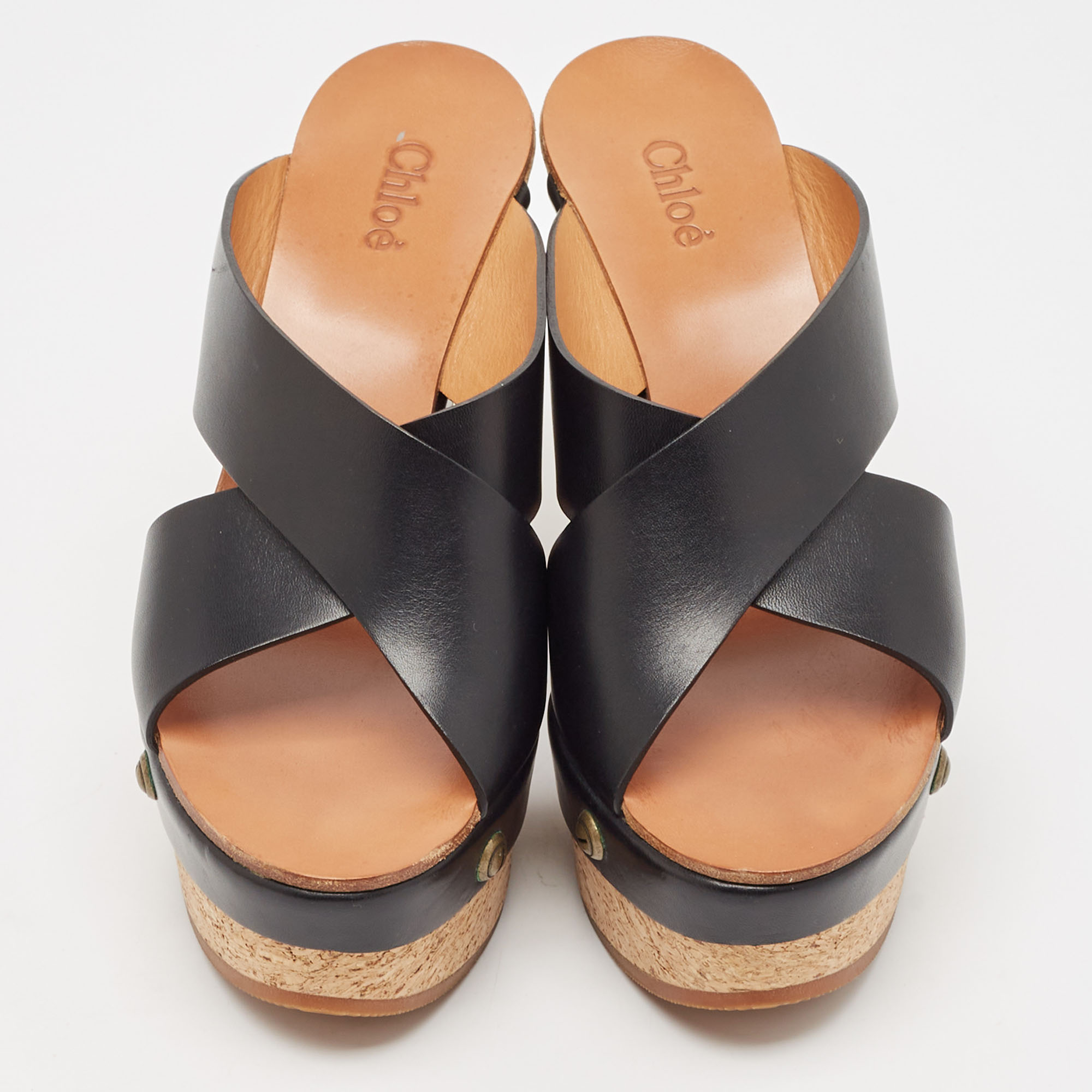 Chloe Black Leather Cork Wedge Sandals Size 38 