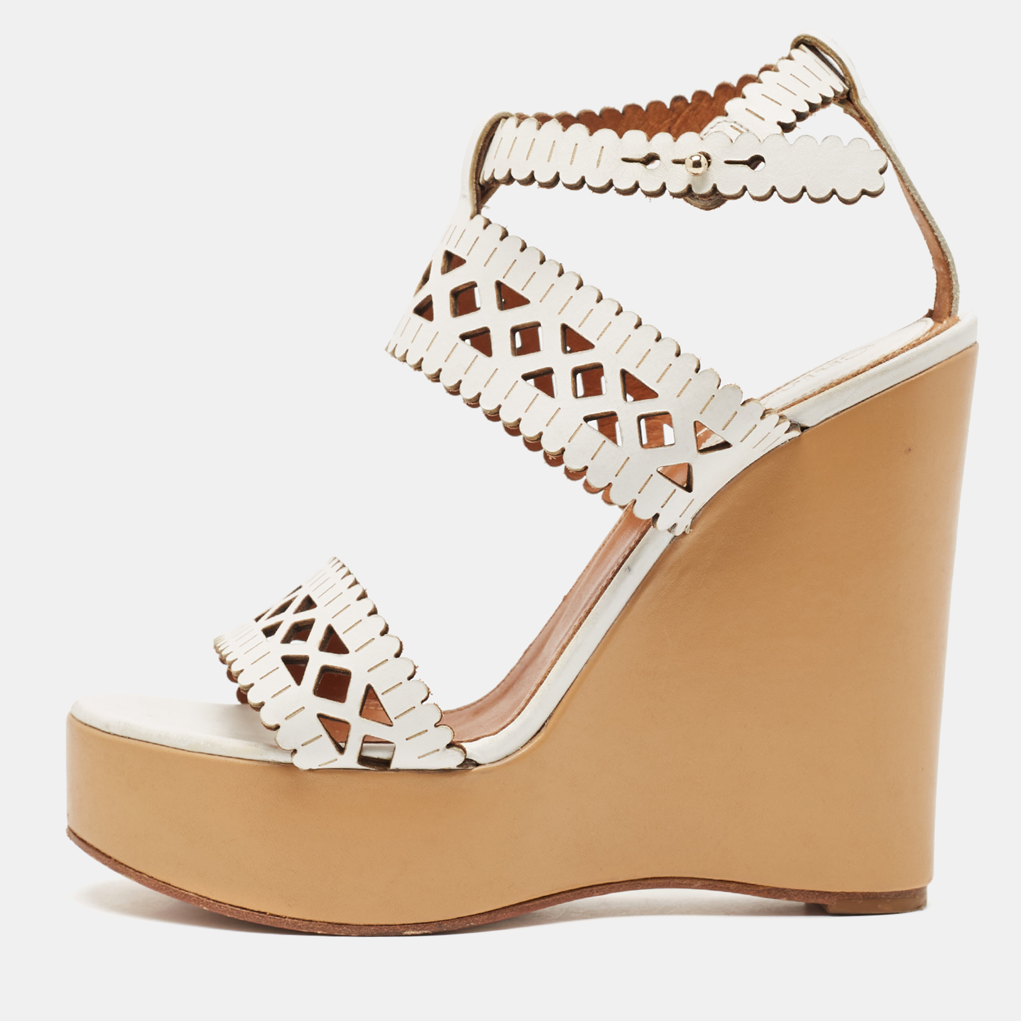 

Chloe White Cut Out Leather Platform Wedge Sandals Size