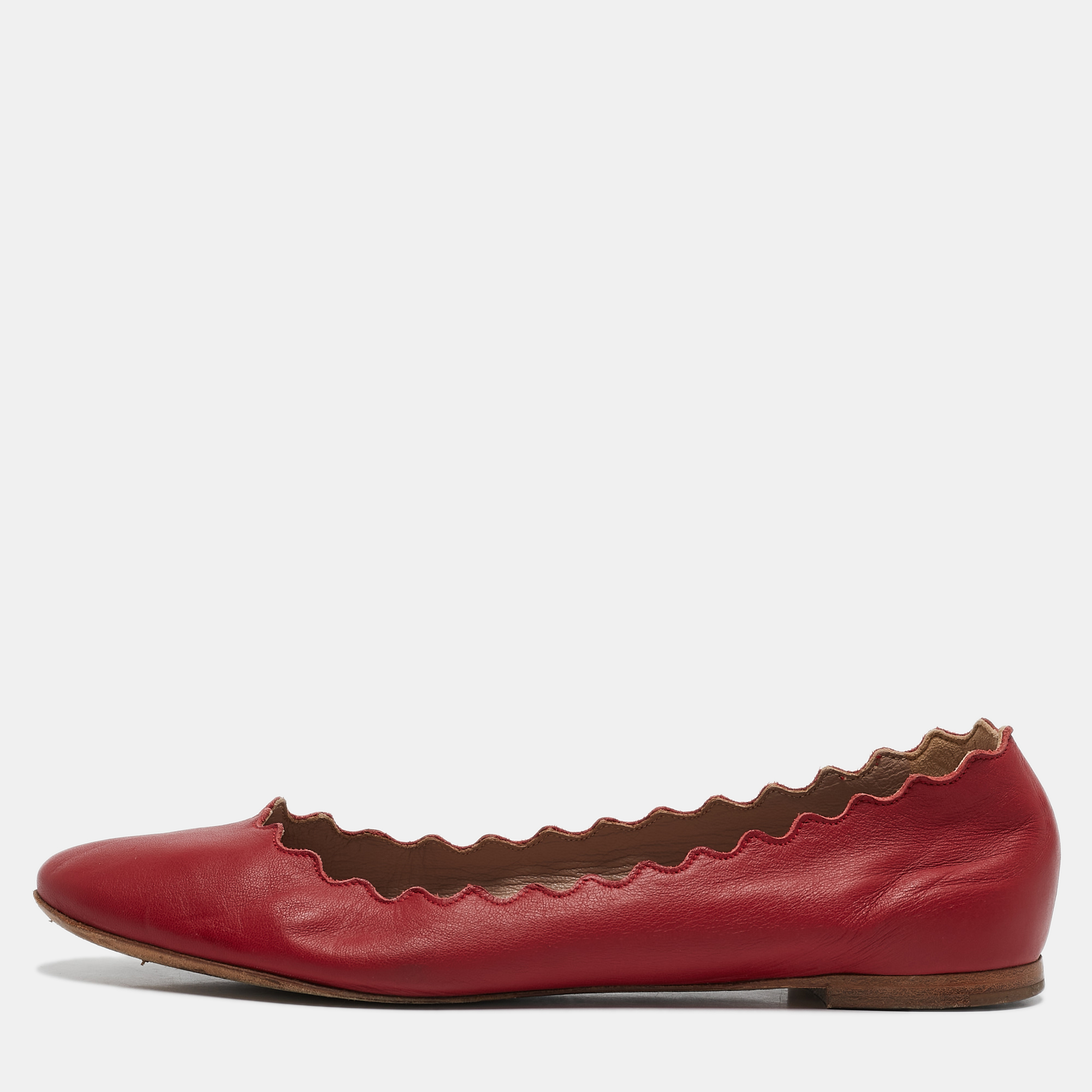 

Chloé Red Leather Lauren Scalloped Ballet Flats Size