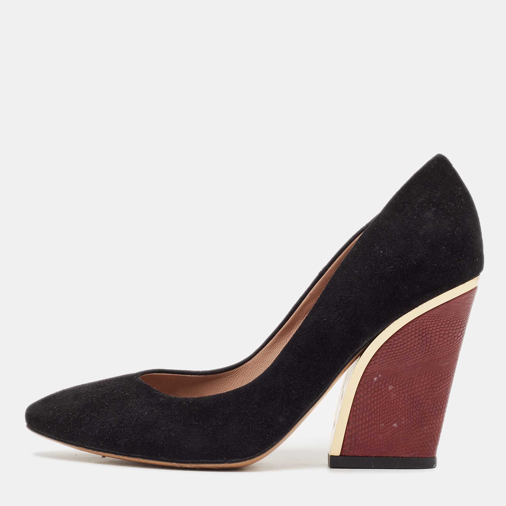 

Chloe Black/Burgundy Lizard Embossed Leather and Suede Block Heel Pumps Size