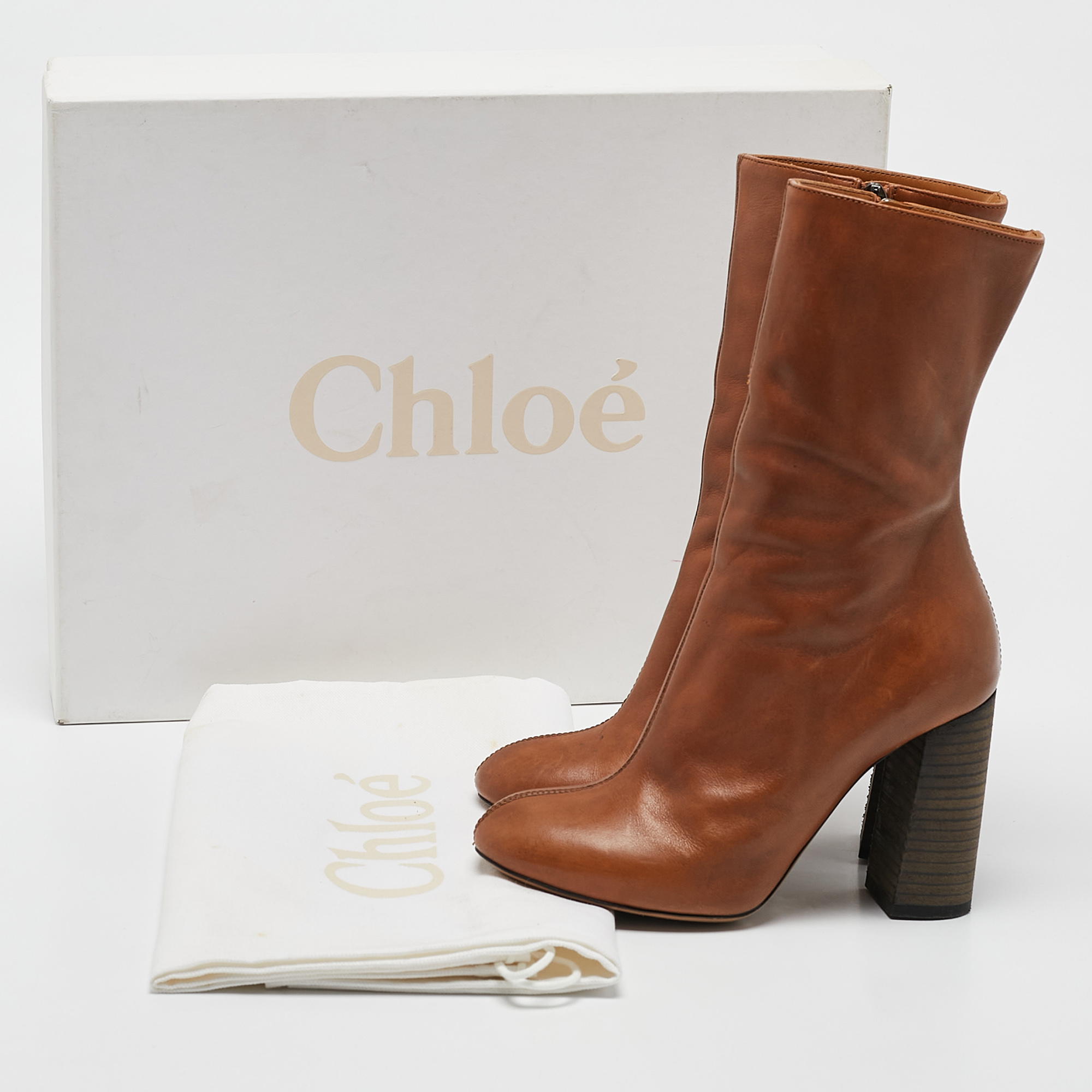 Chloe Brown Leather Mid Calf Boots Size 35 