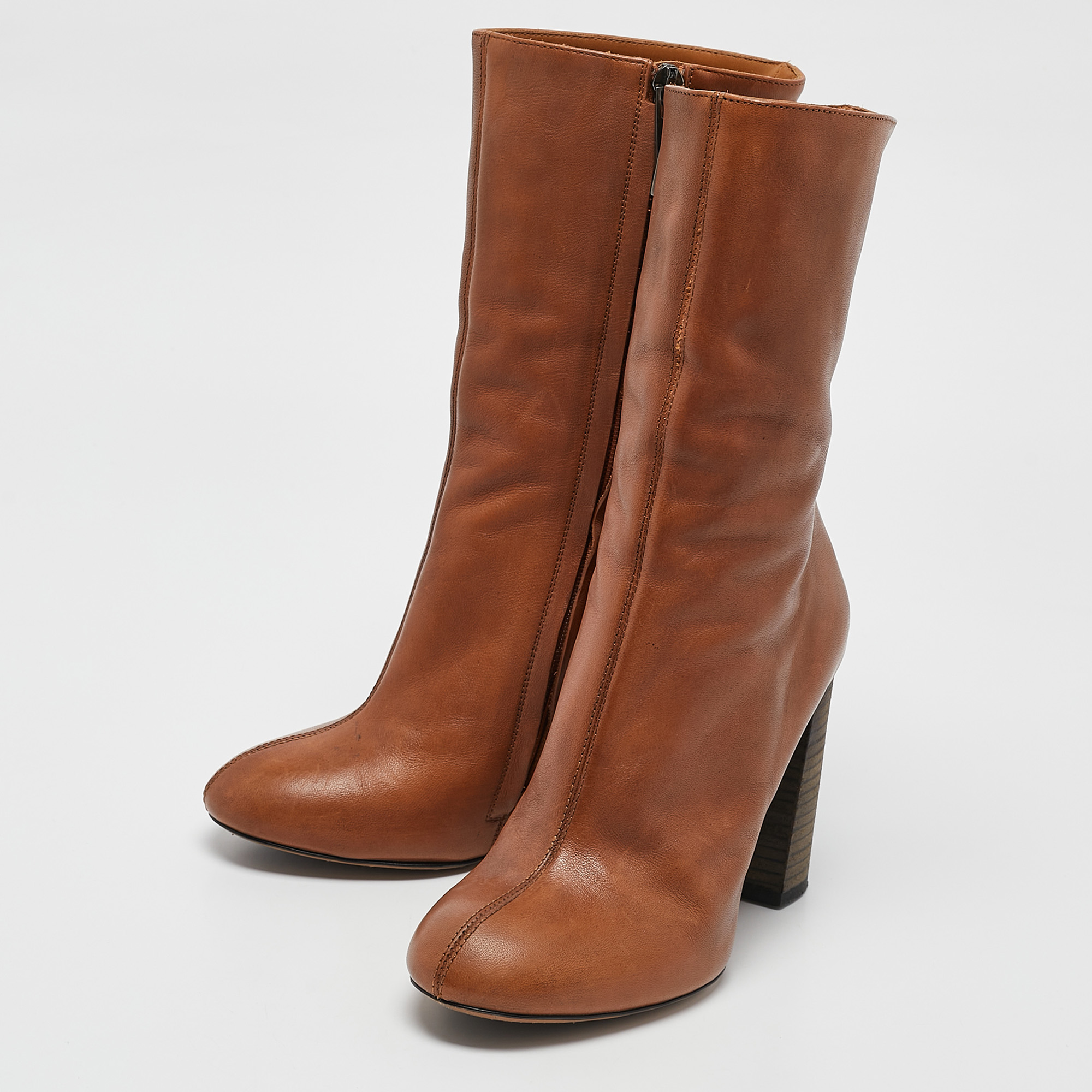 Chloe Brown Leather Mid Calf Boots Size 35 