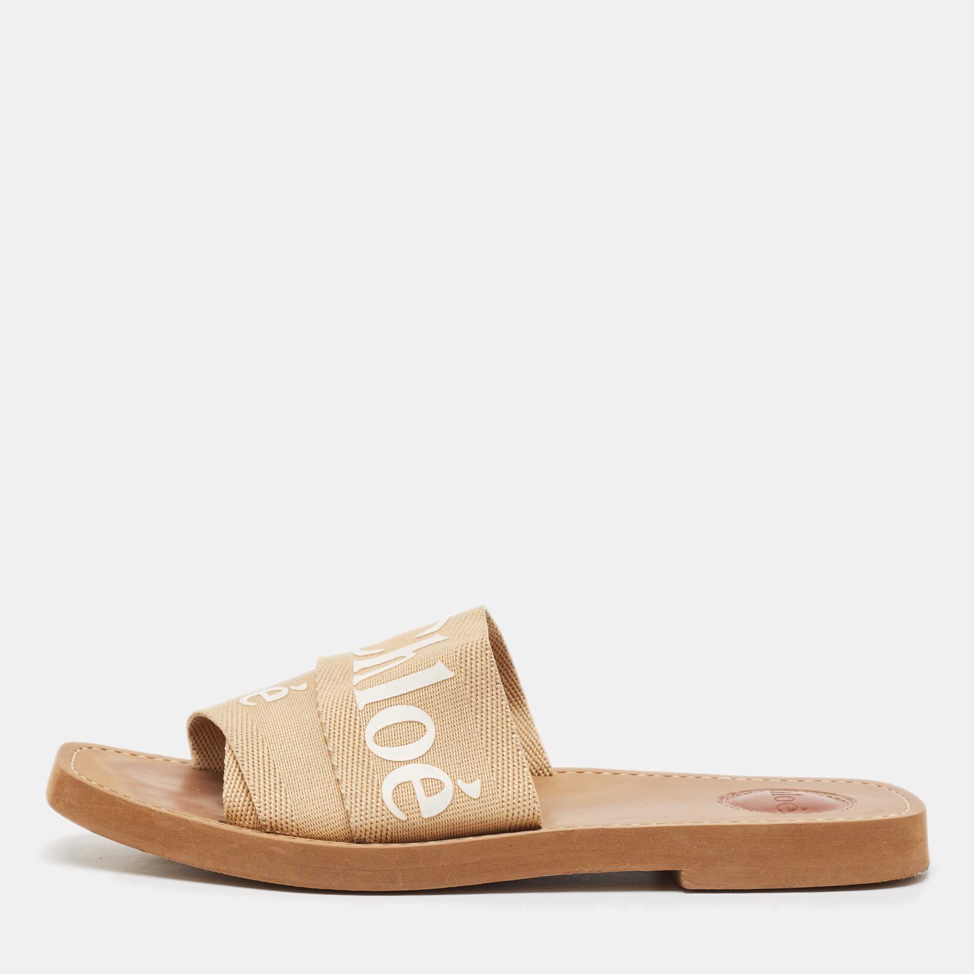 

Chloe Beige Canvas Woody Flat Slides Size