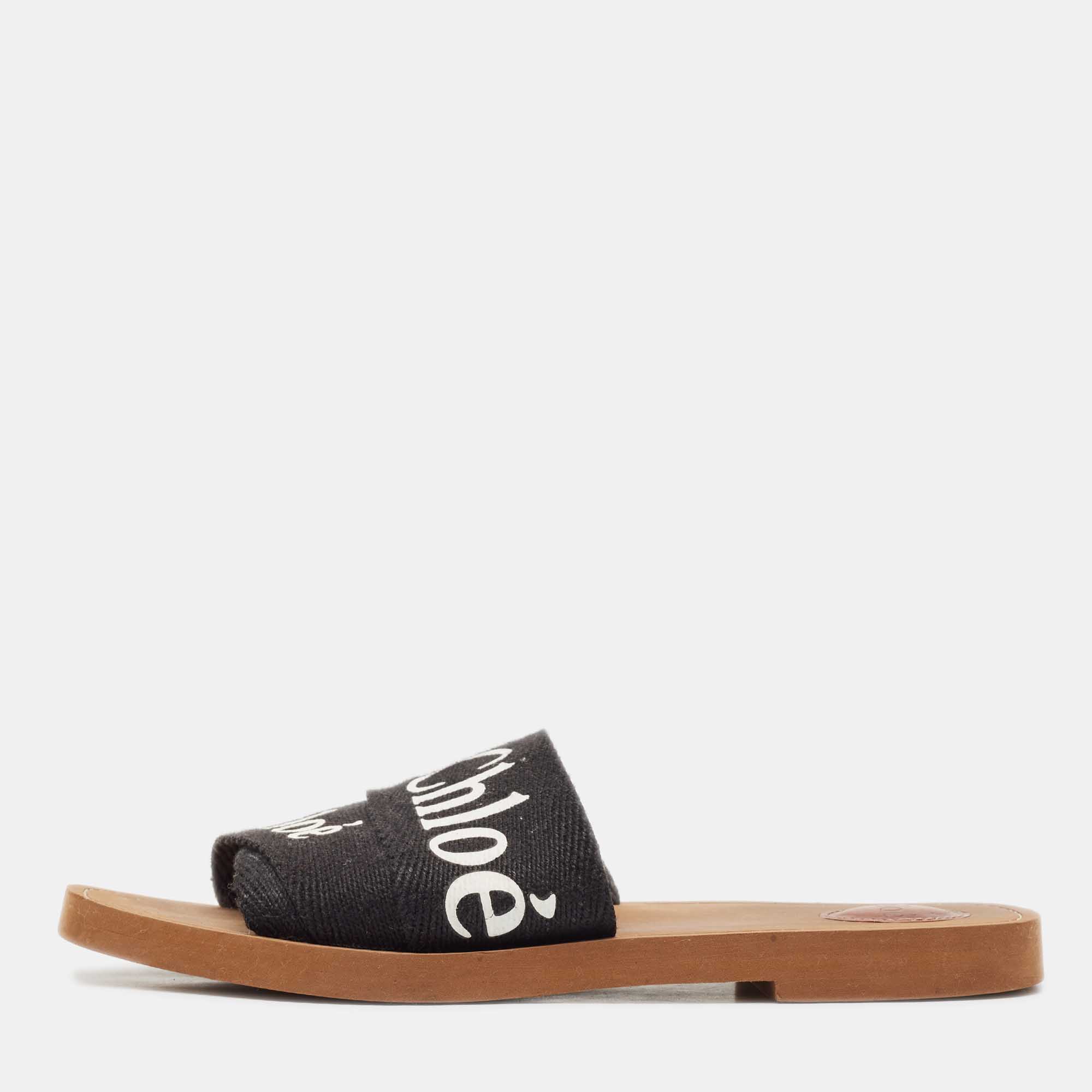 

Chloe Black Canvas Embroidered Logo Woody Flat Slides Size