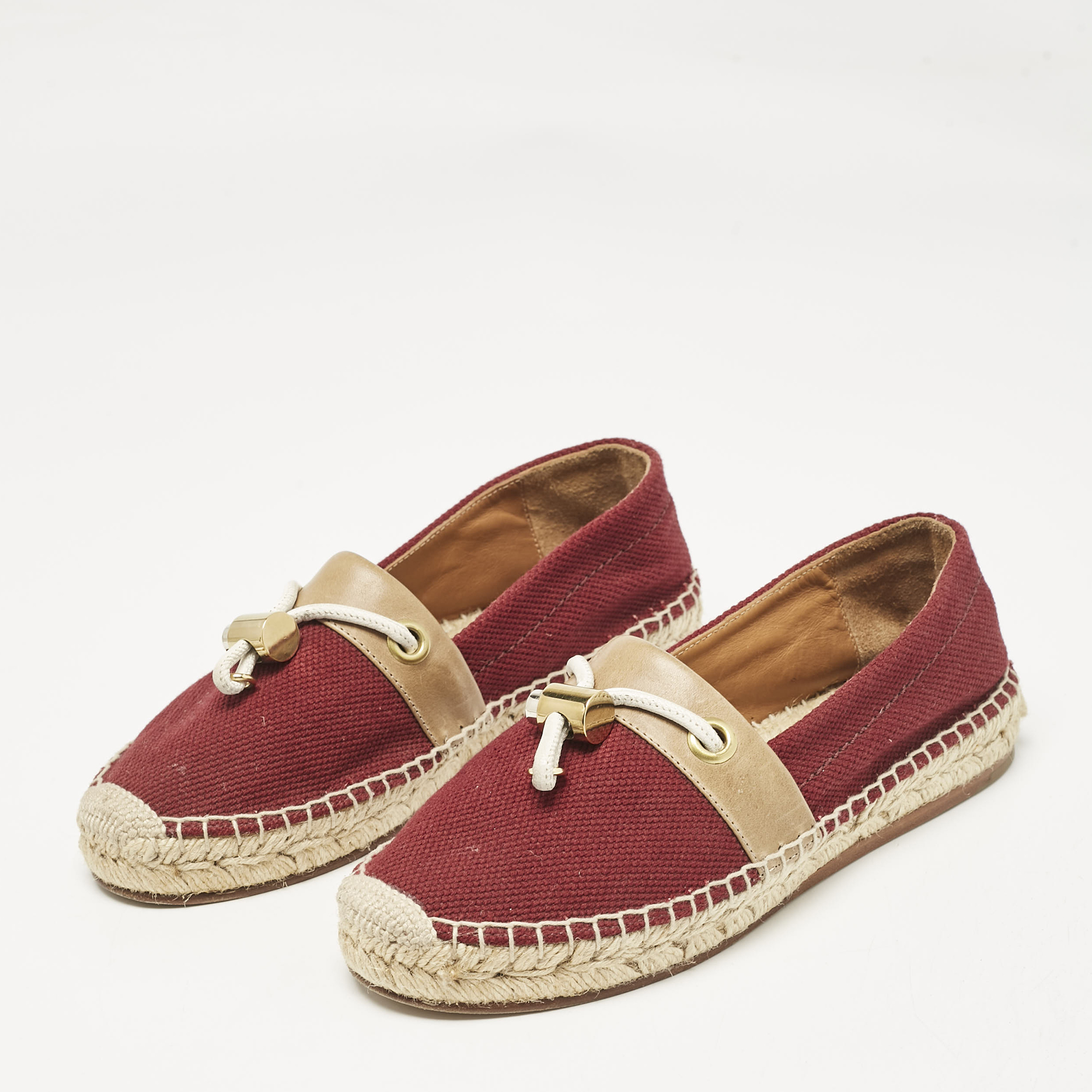 Chloe Burgundy Canvas and Leather Espadrille Flats Size 37 