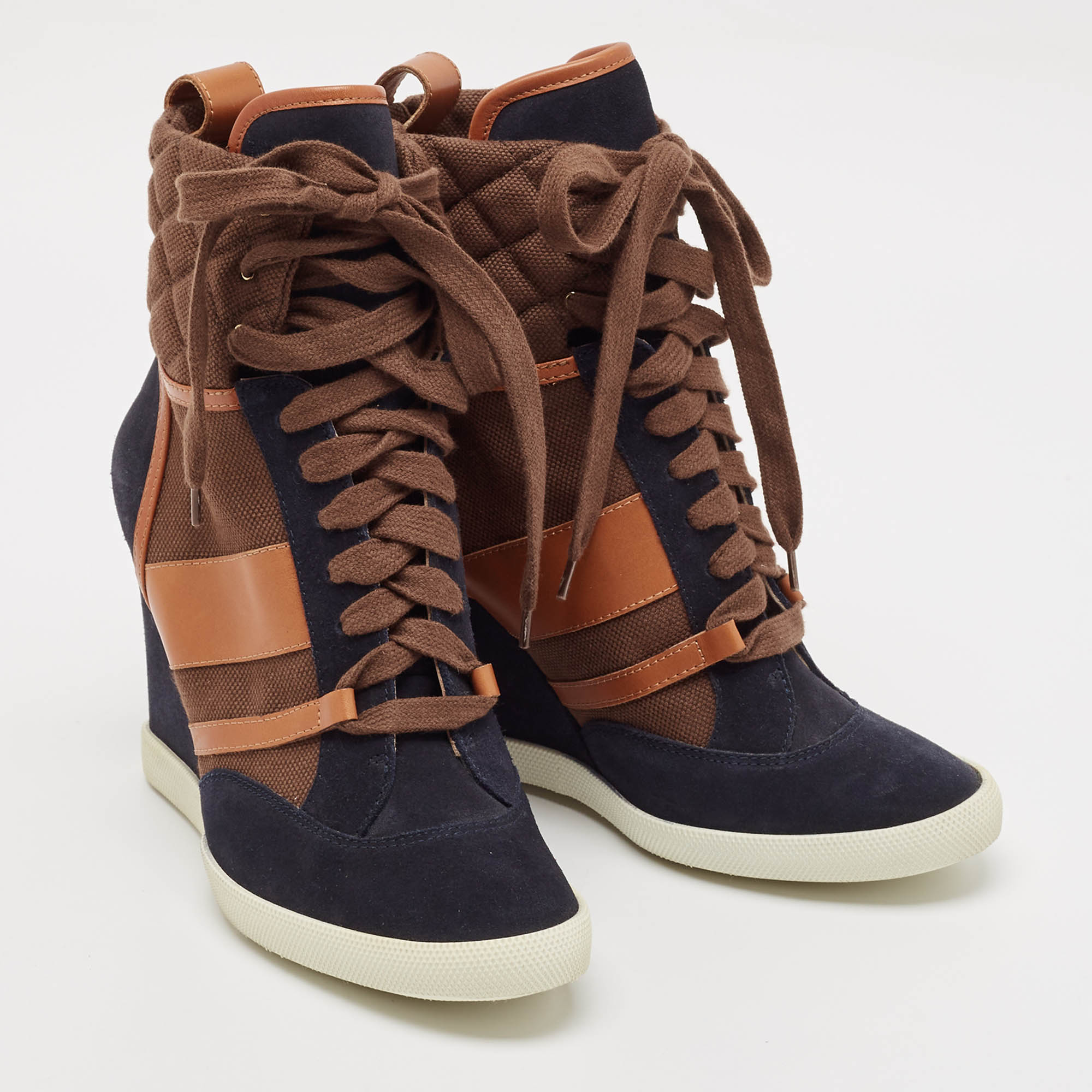 Chloe Tricolor Leather and Suede Wedge Sneaker Boots Size 39.5 
