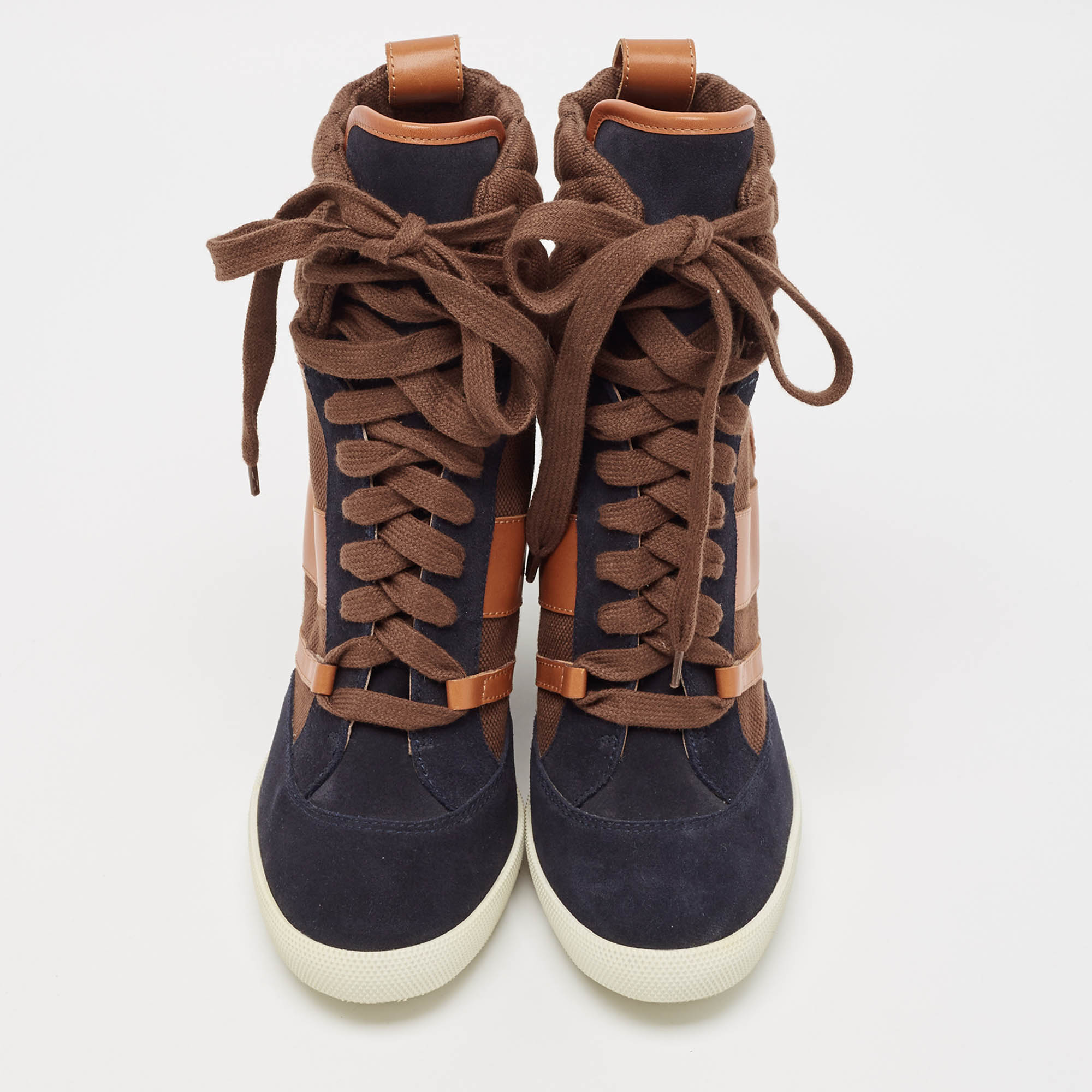 Chloe Tricolor Leather and Suede Wedge Sneaker Boots Size 39.5 