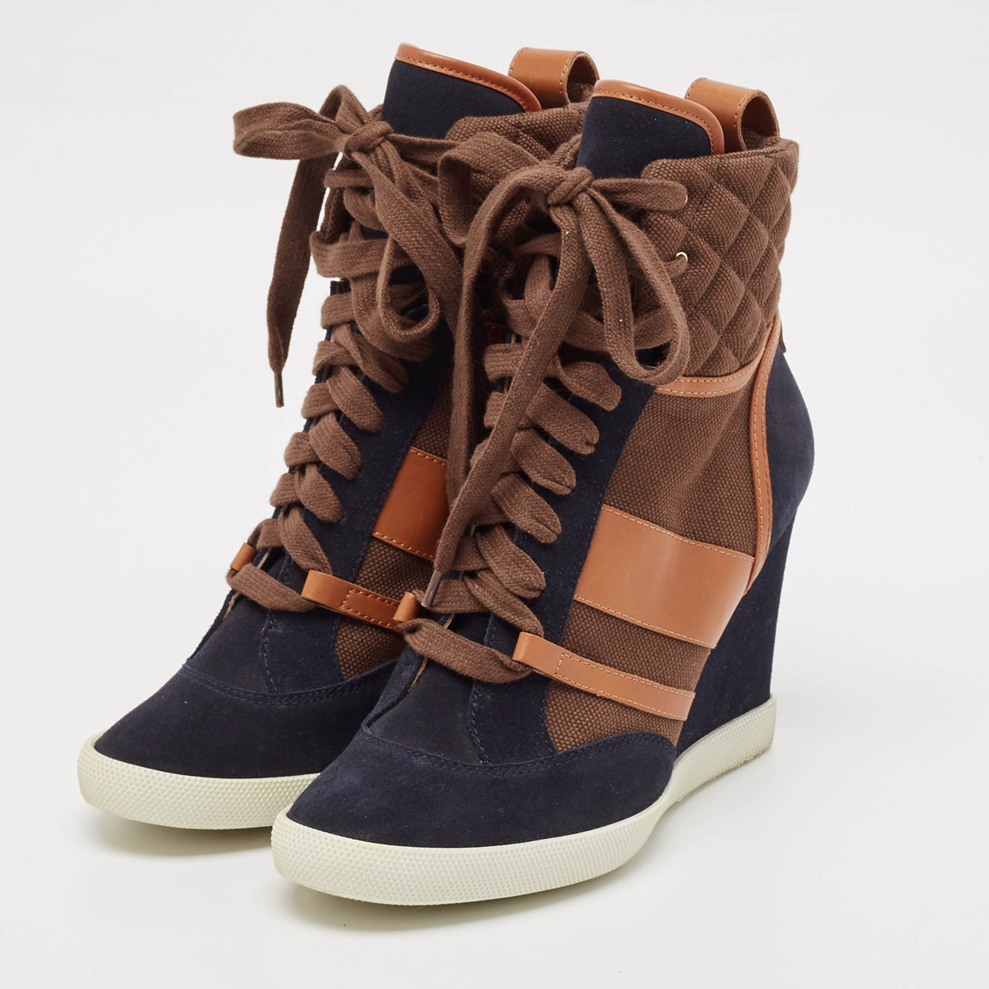 Chloe Tricolor Leather and Suede Wedge Sneaker Boots Size 39.5 