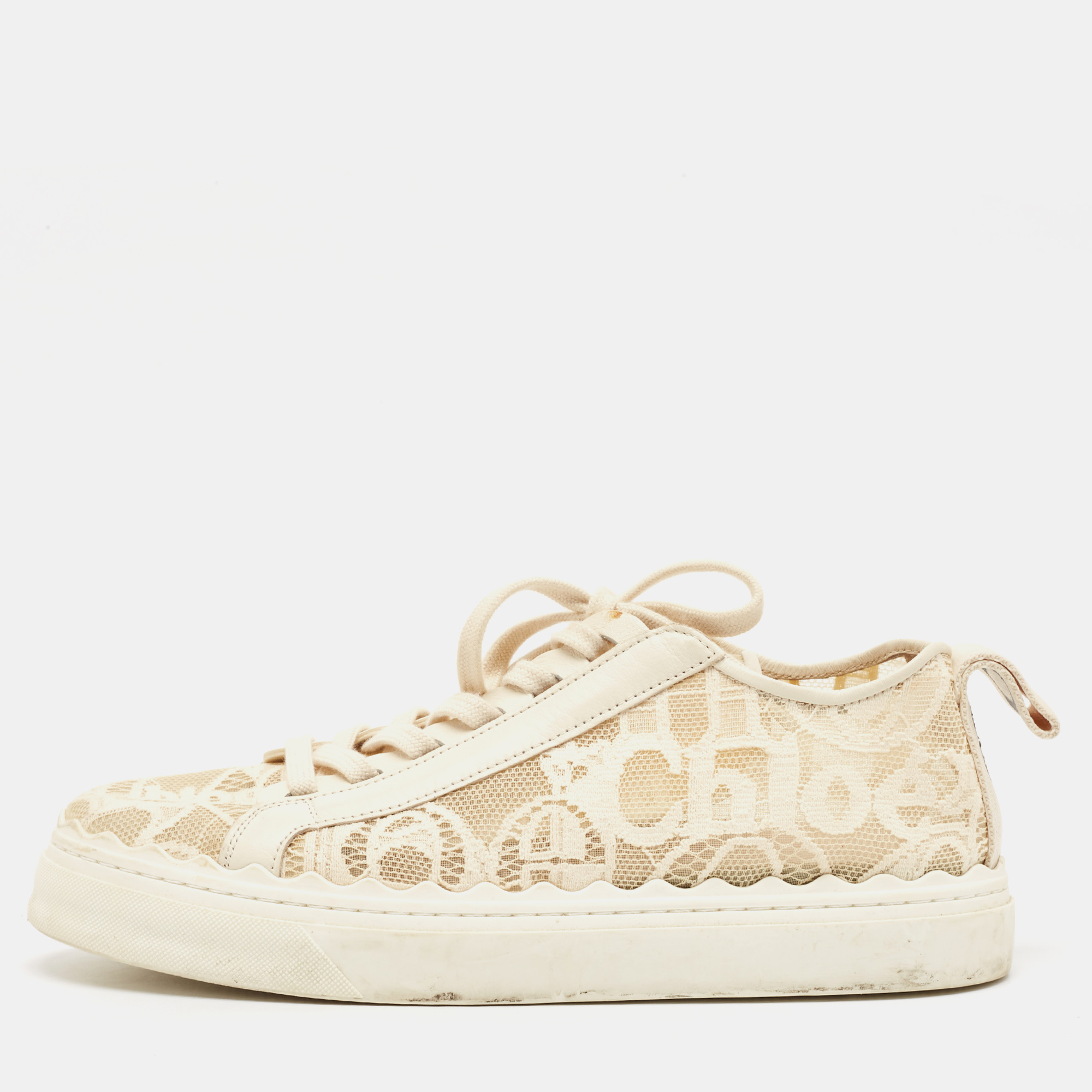 

Chloe Cream Lace and Leather Lauren Low Top Sneakers Size