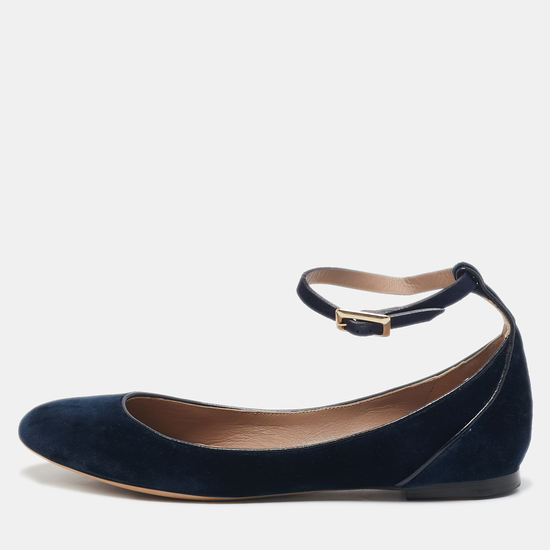 

Chloe Navy Blue Velvet Ankle Strap Ballet Flats Size