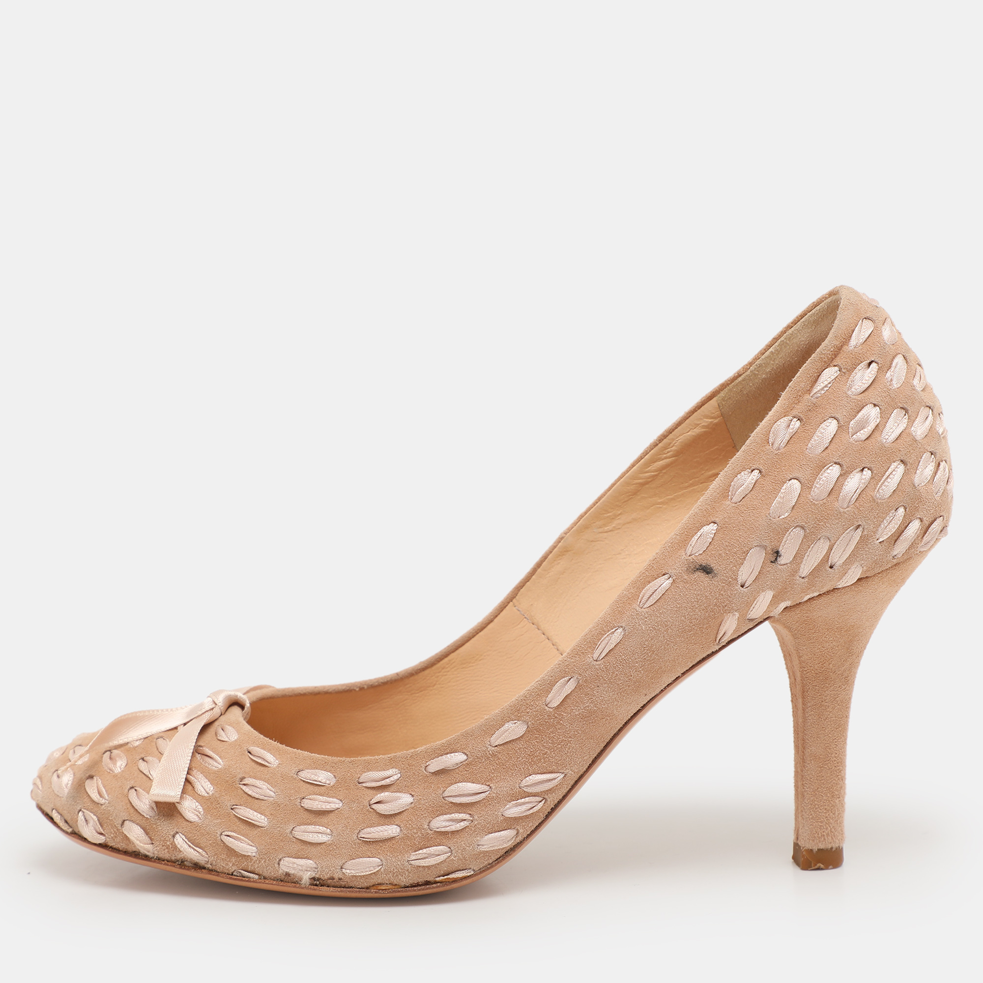 

Chloe Beige Woven Fabric and Suede Bow Pumps Size