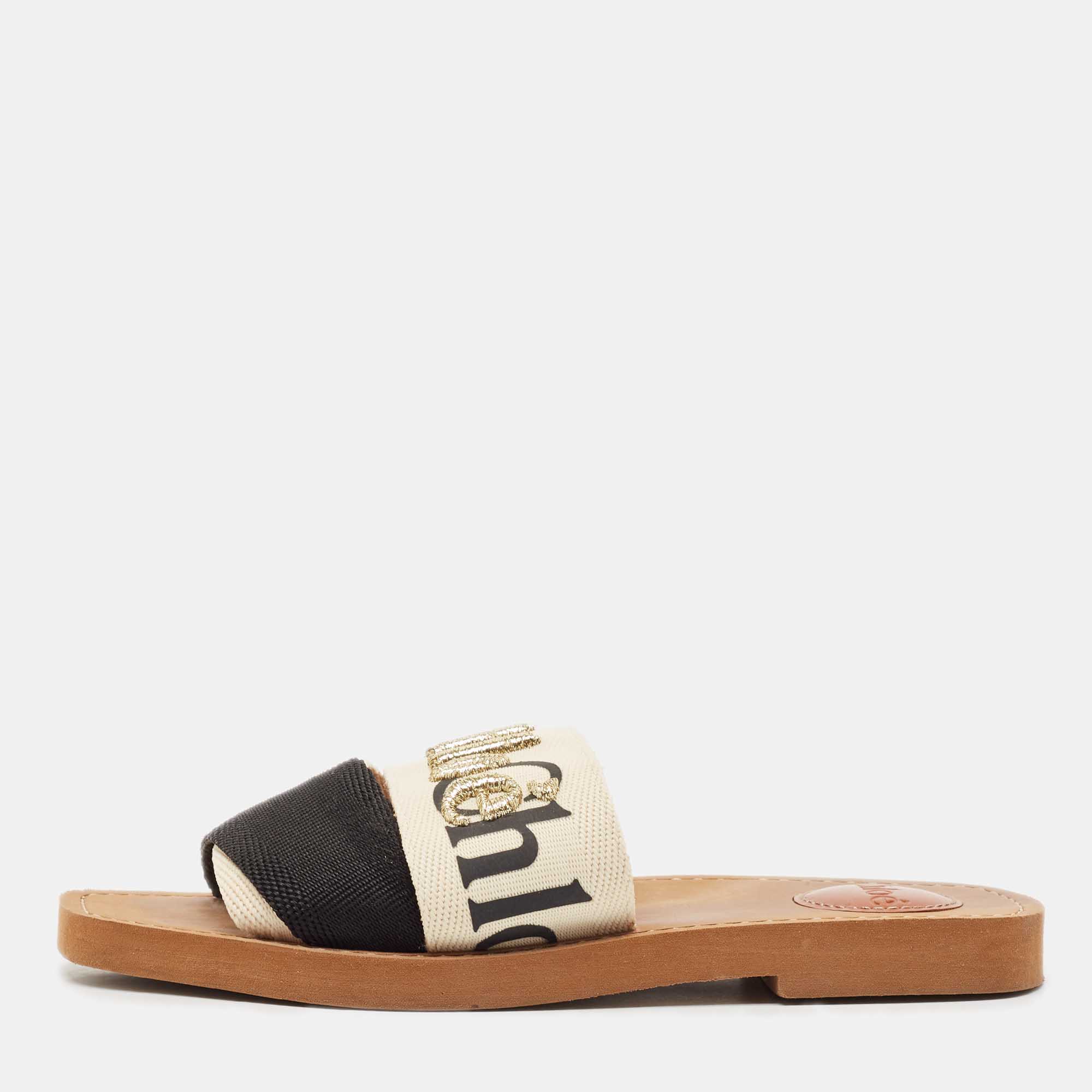 

Chloe White/Black Canvas Woody Slide Flats Size