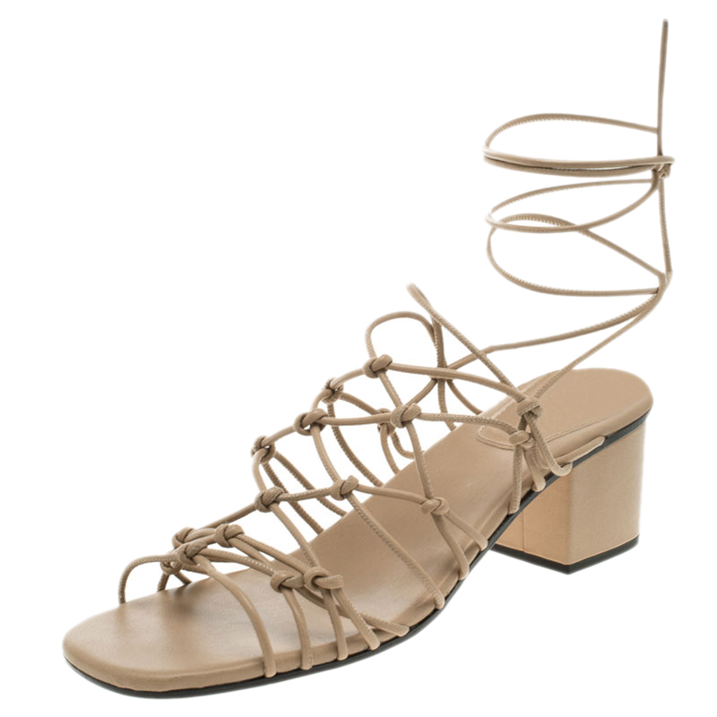 Chloe Beige Knotted Leather Block Heel Ankle Wrap Sandals Size 39.5