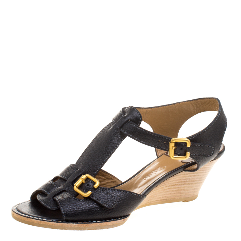 Pre Owned Chloe Black Leather T-Strap Wooden Wedge Sandals Size 40