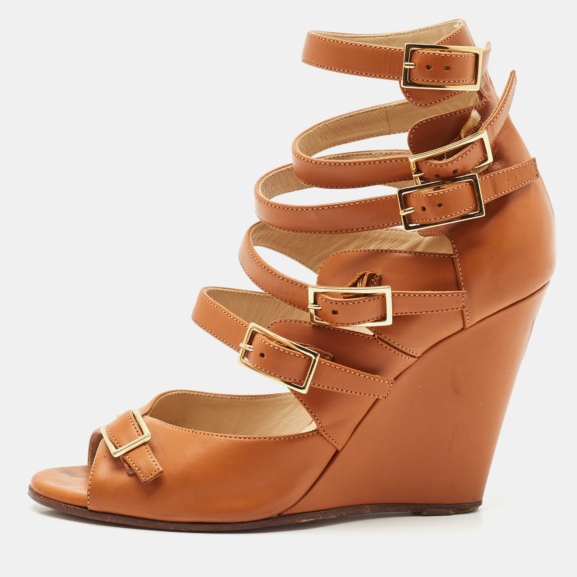

Chloe Brown Leather Strappy Buckle Wedge Sandals Size