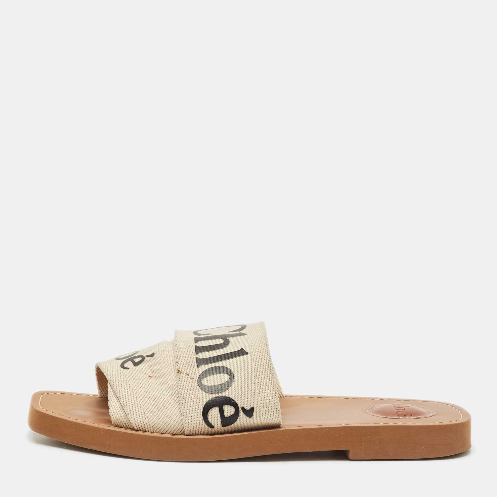 

Chloe Off White Canvas Logo Ribbon Woody Flat Slide Sandals Size