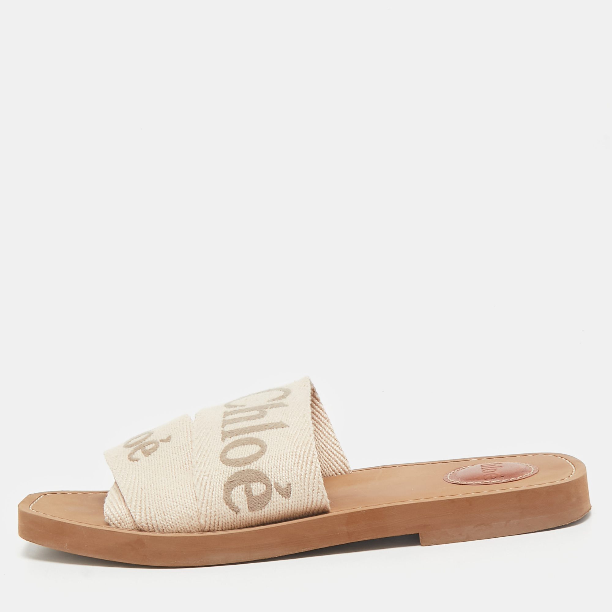 

Chloe Beige Canvas Logo Ribbon Woody Flat Slide Sandals Size