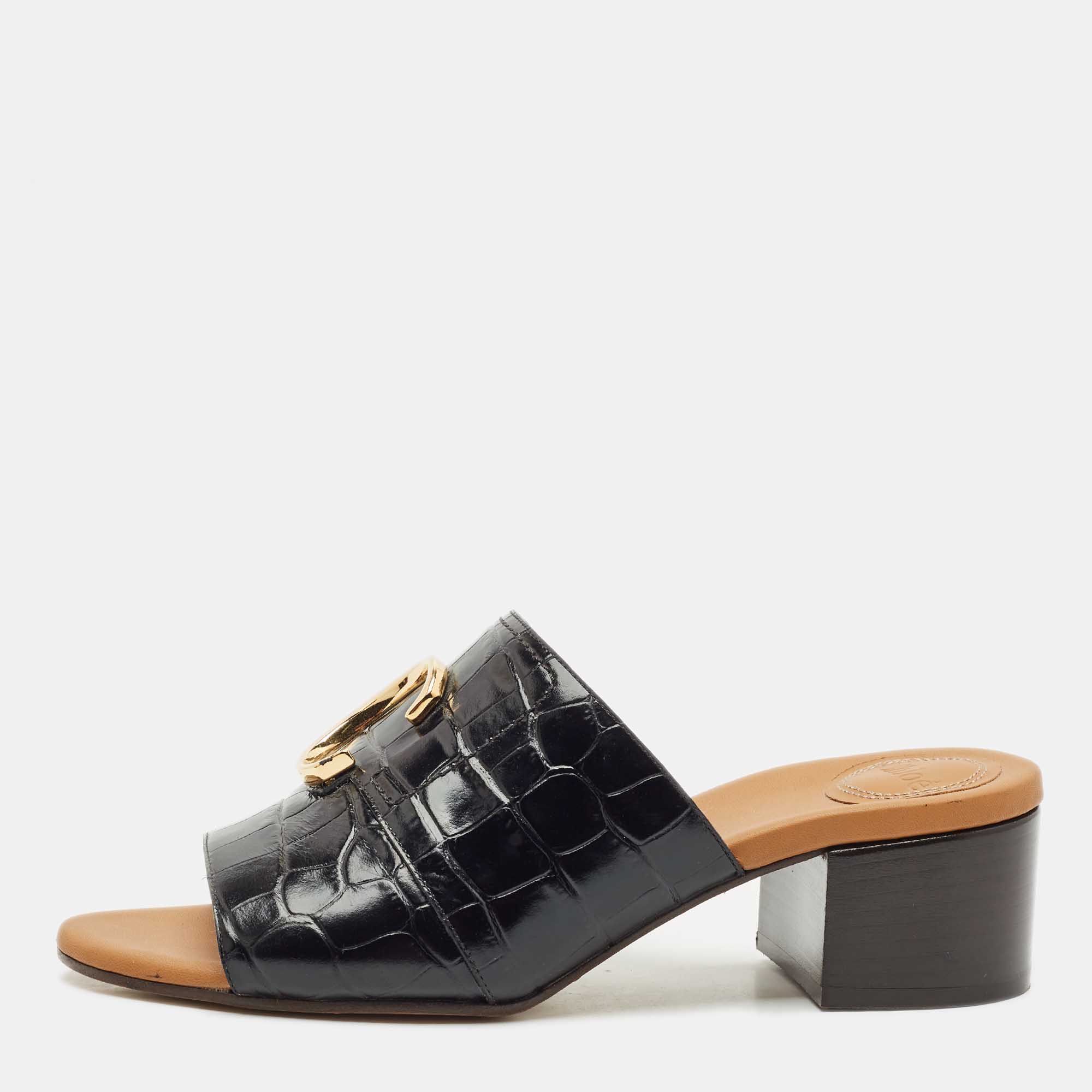 

Chloe Black Croc Embossed Leather C Logo Mules Size