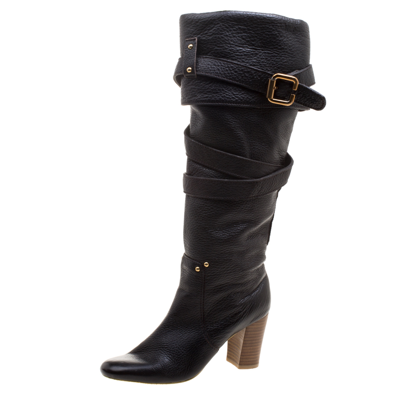 Pre Owned Chloe Black Leather Cross Strap Knee Length Boots Size 37