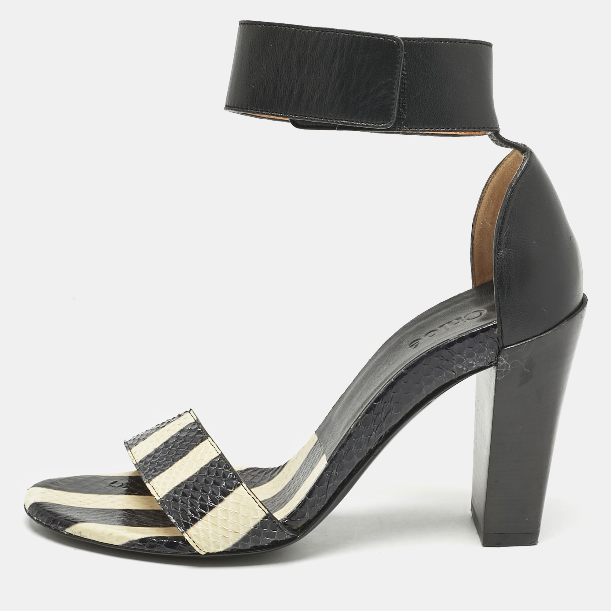 

Chloe Black/BeigeSnakeskin and Leather Ankle Strap Sandals Size