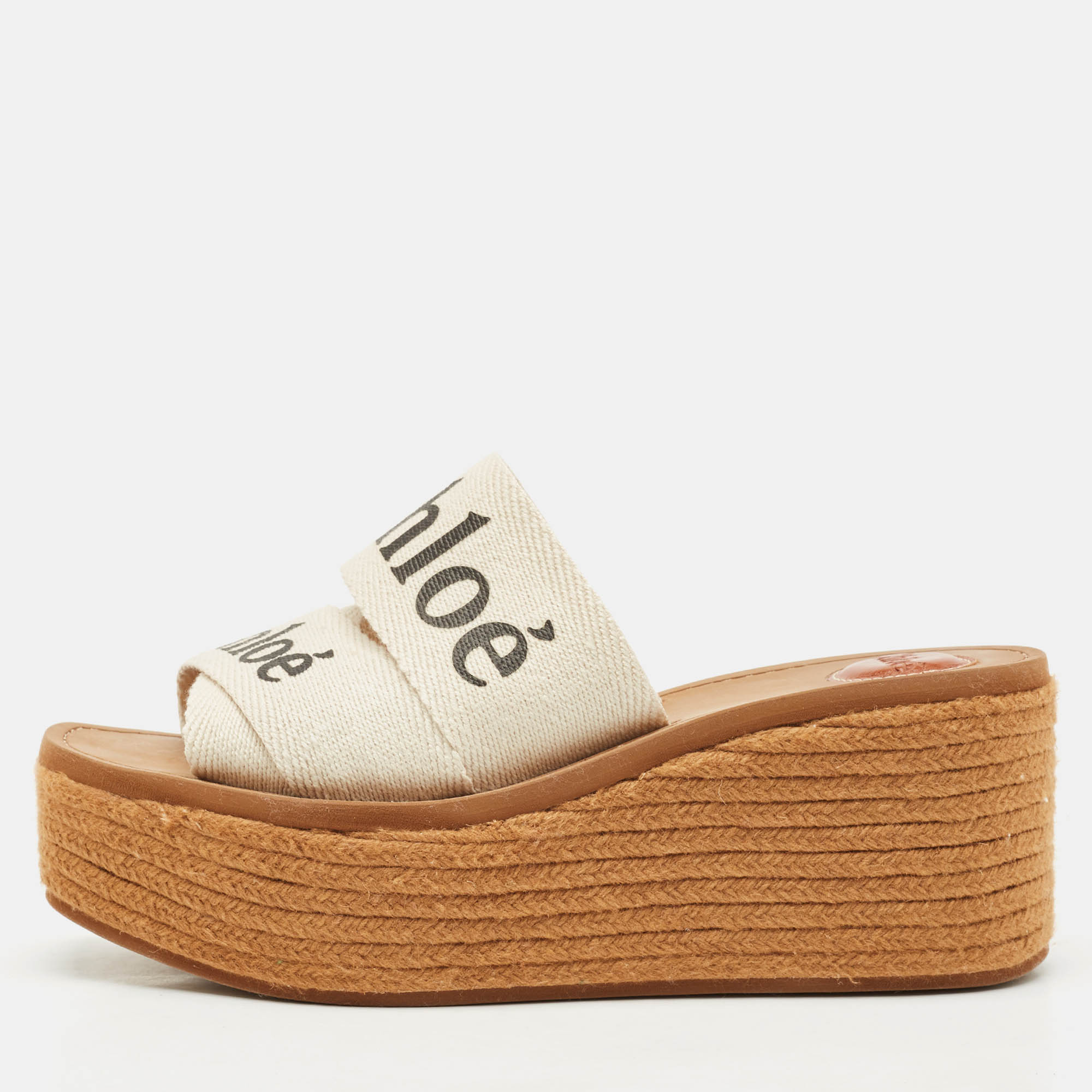 

Chloe White Canvas Woody Wedge Slide Sandals Size