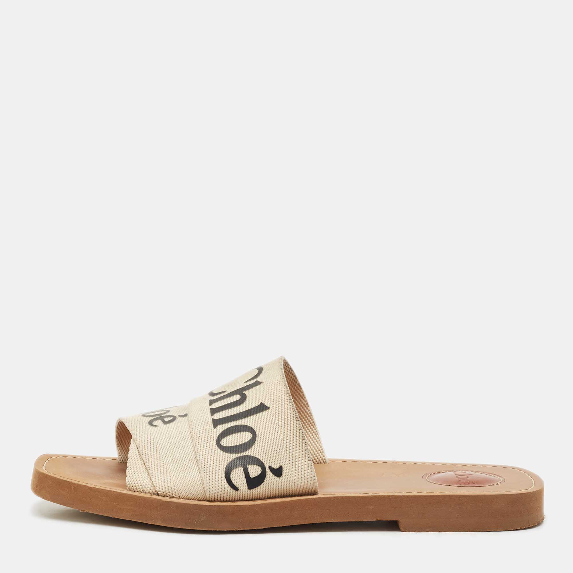 

Chloe Off White Logo Print Canvas Woody Flat Slides Size
