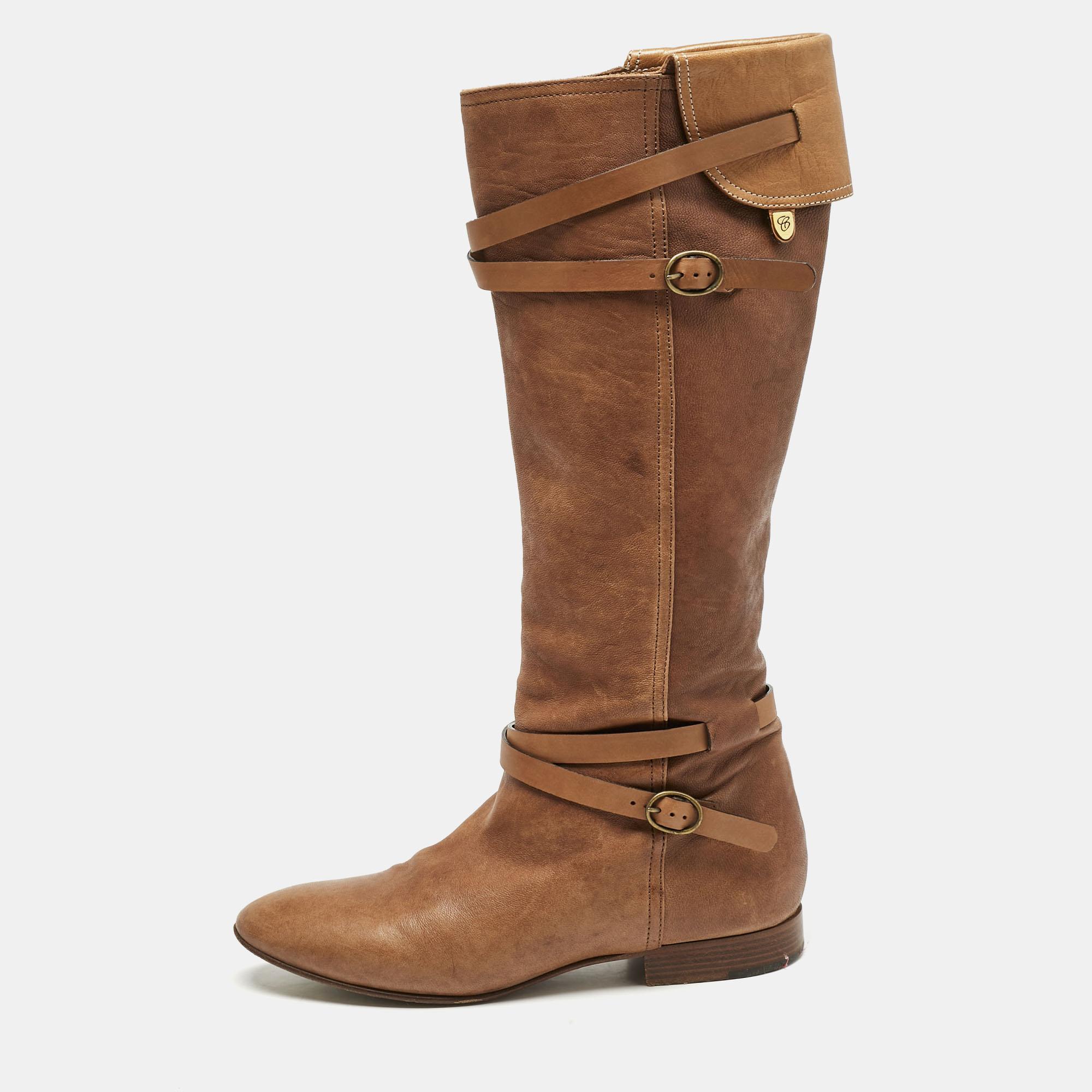 

Chloe Brown Leather Strappy Buckle Knee Length Boots Size