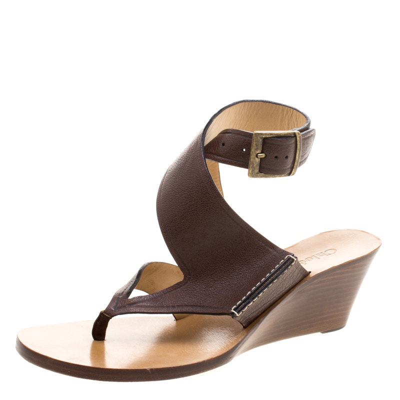 Pre Owned Chloe Brown Leather Ankle Wrap Wedge Sandals Size 41