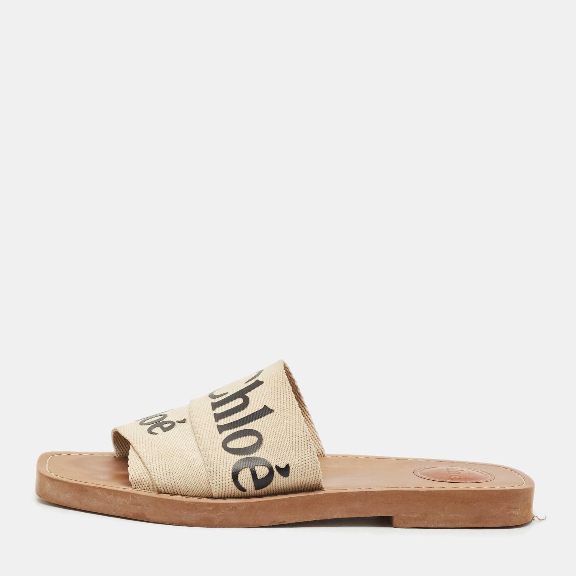 

Chloe Beige Canvas Logo Ribbon Woody Flat Slide Sandals Size