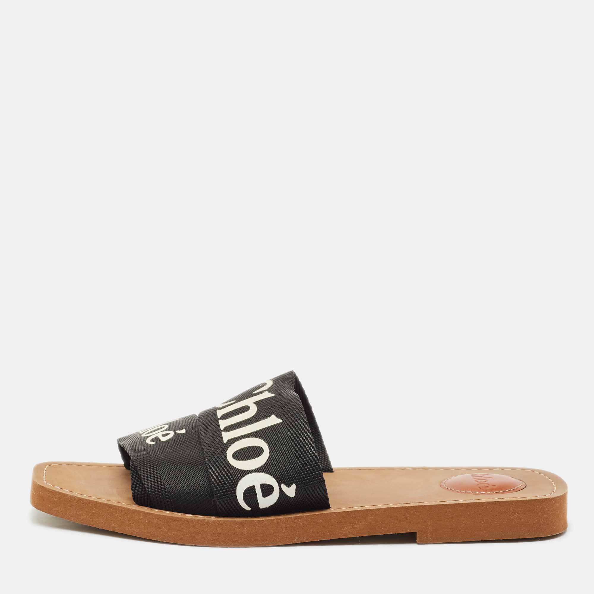 

Chloe Black Canvas Logo Ribbon Woody Flat Slide Sandals Size