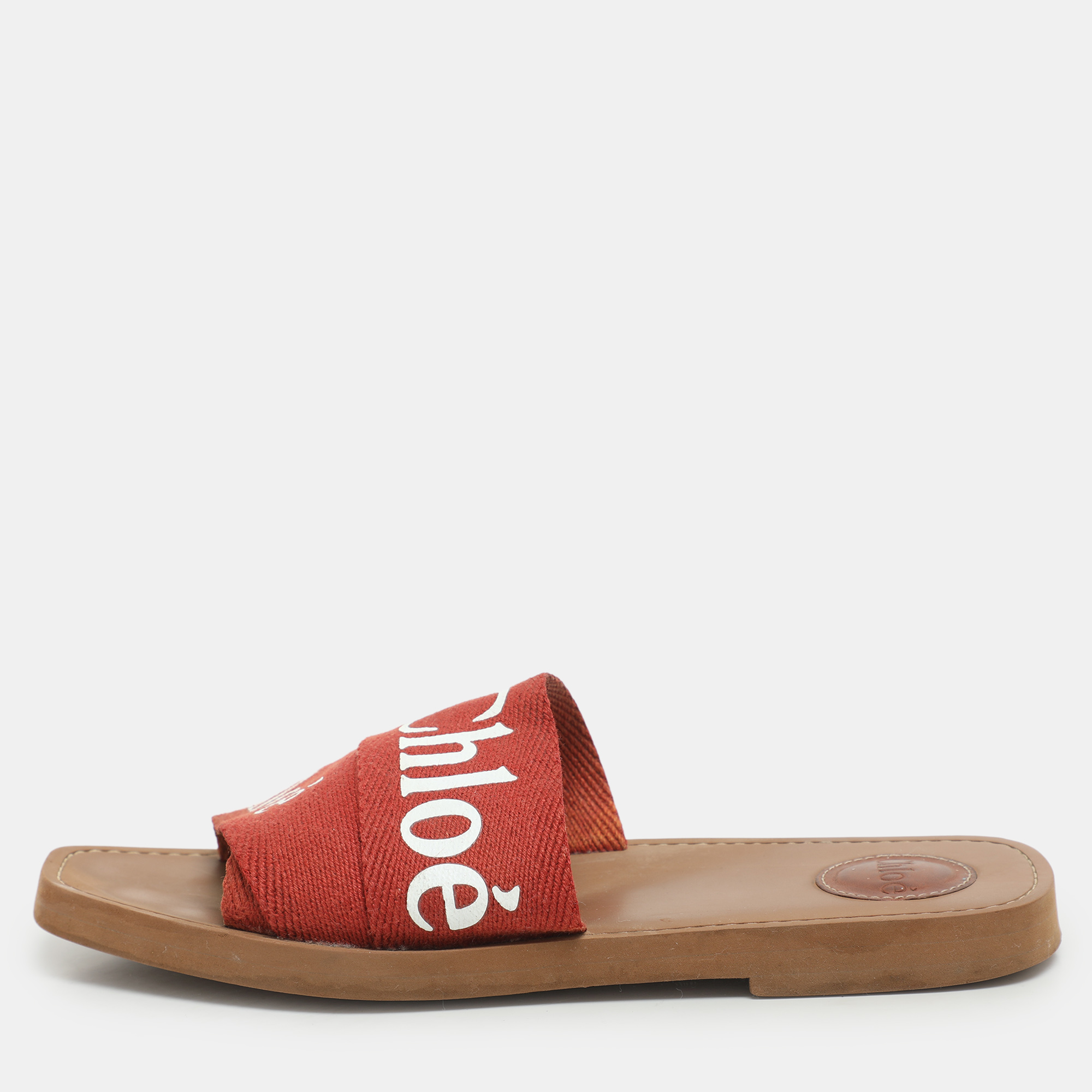 

Chloe Burgundy Logo Print Canvas Woody Flat Slides Size