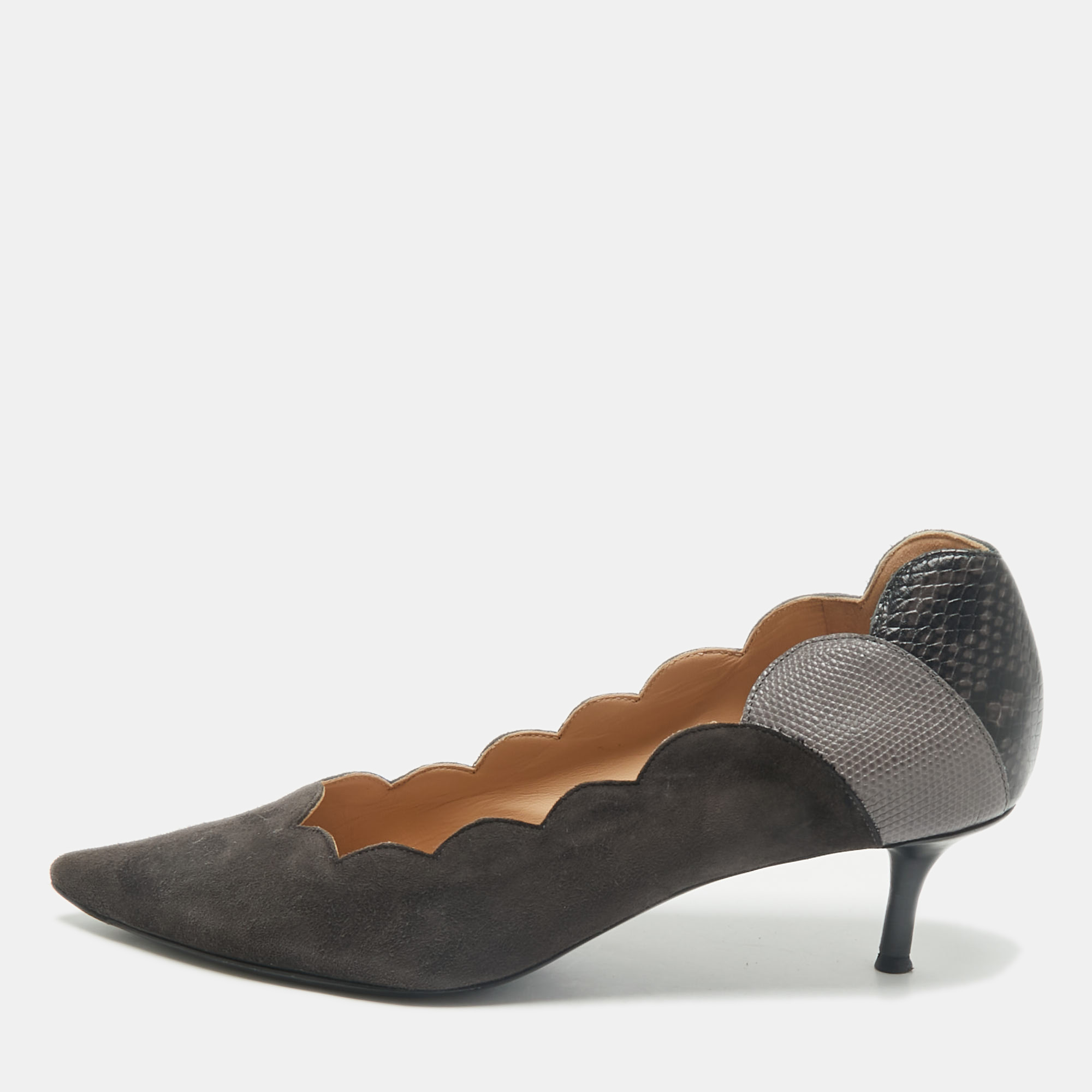 

Chloe Grey/Black Lizard Embossed Leather and Suede Scalloped Pointed Toe Pumps Size