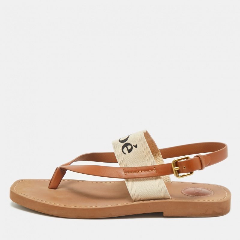 Pre-owned Chloé Brown Canvas And Leather Woody Thong Slingback Flat Sandals Size 41