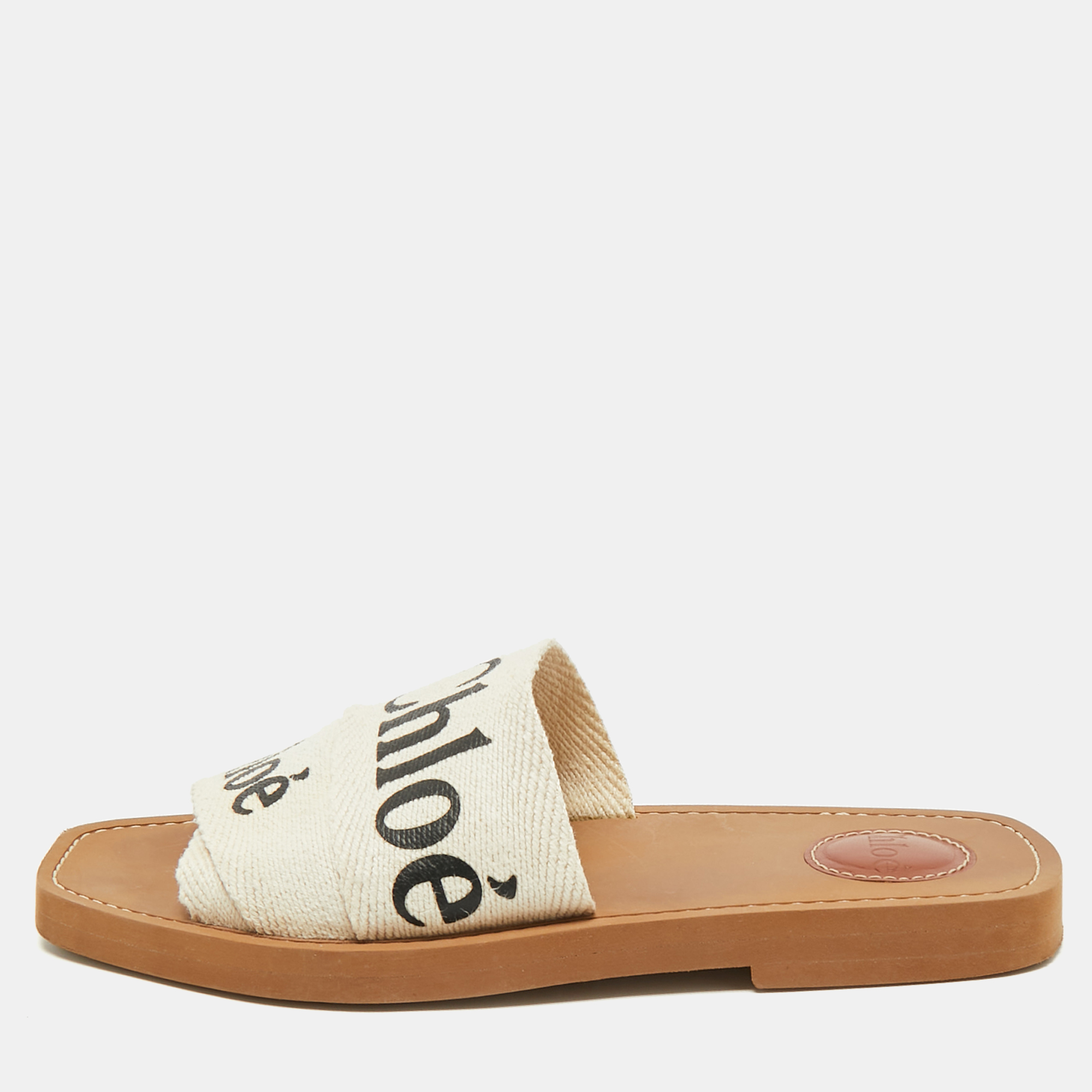 

Chloe Off White Logo Print Canvas Woody Flat Slides Size