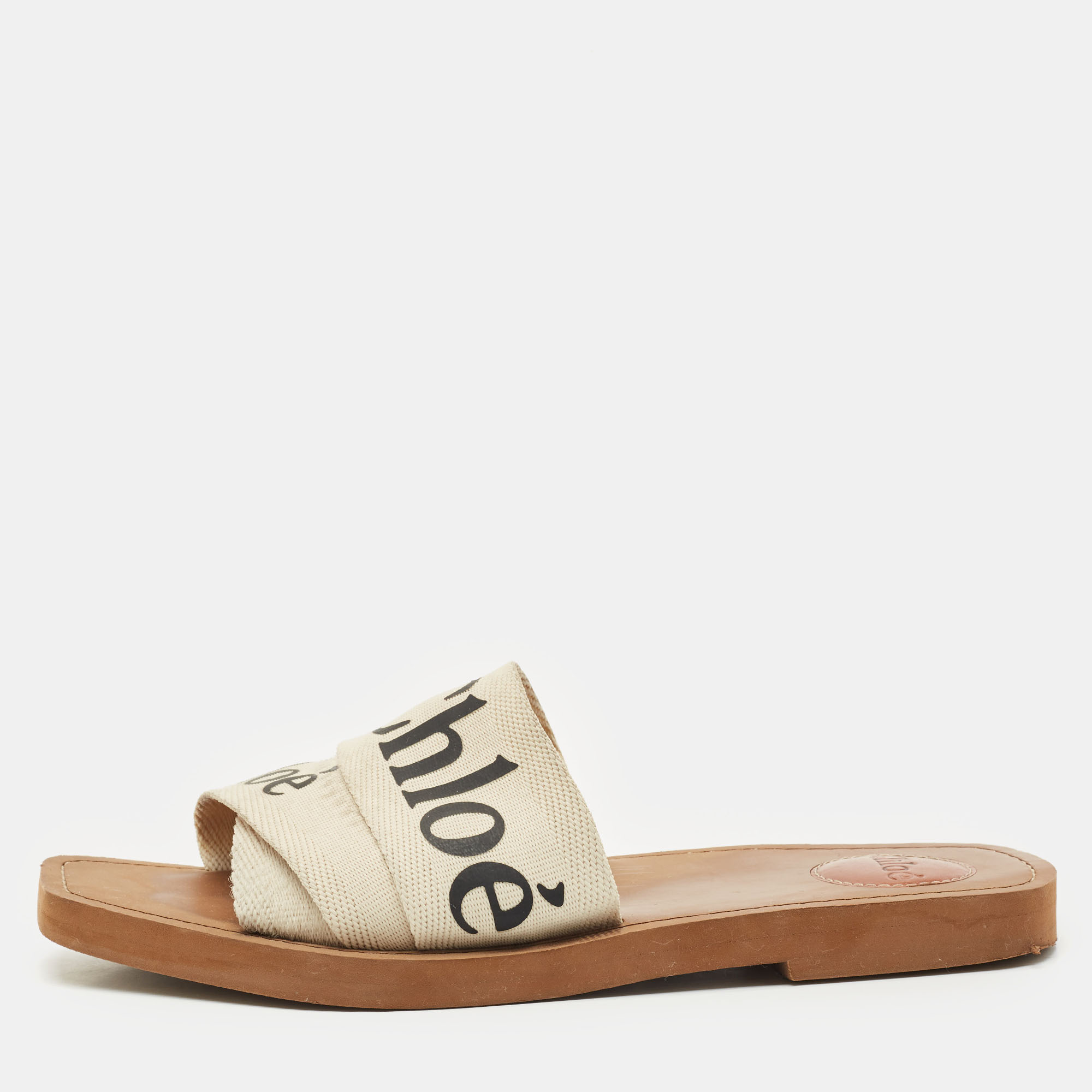 Pre-owned Chloé Off White Logo Print Canvas Woody Flat Slides Size 38