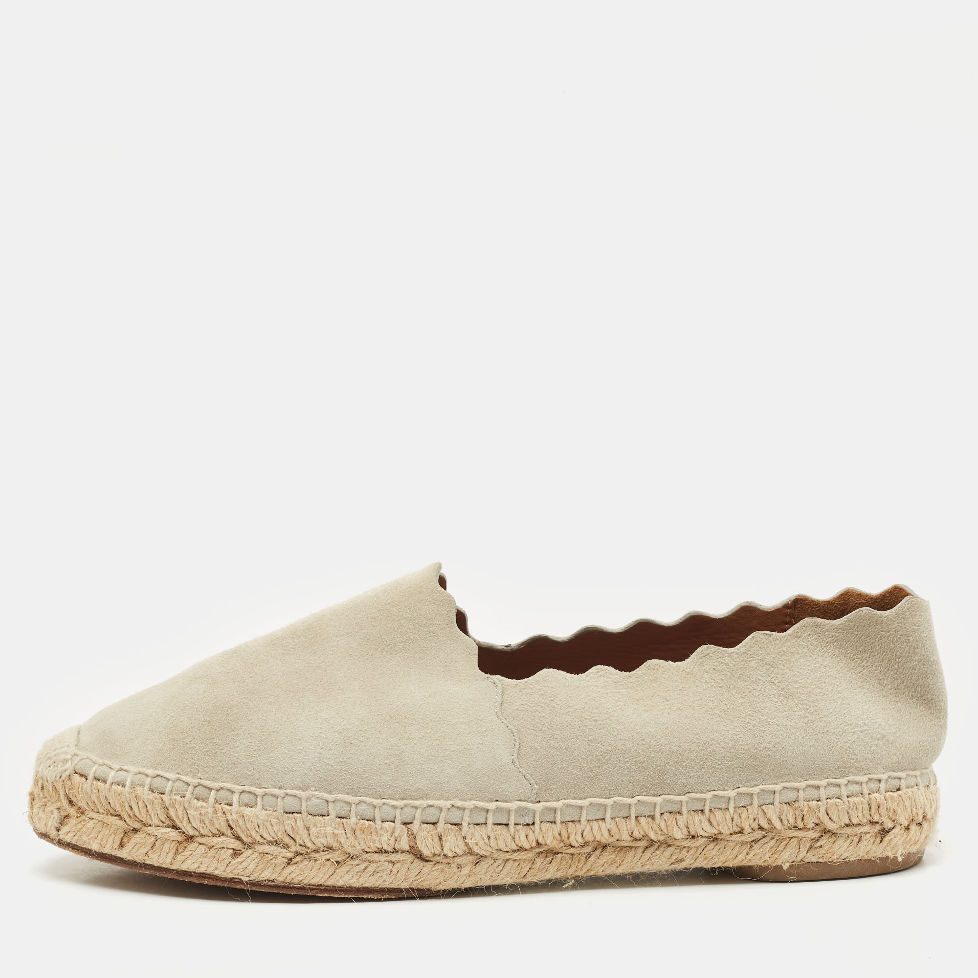 

Chloe Light Grey Suede Scalloped Accent Espadrille Flats Size