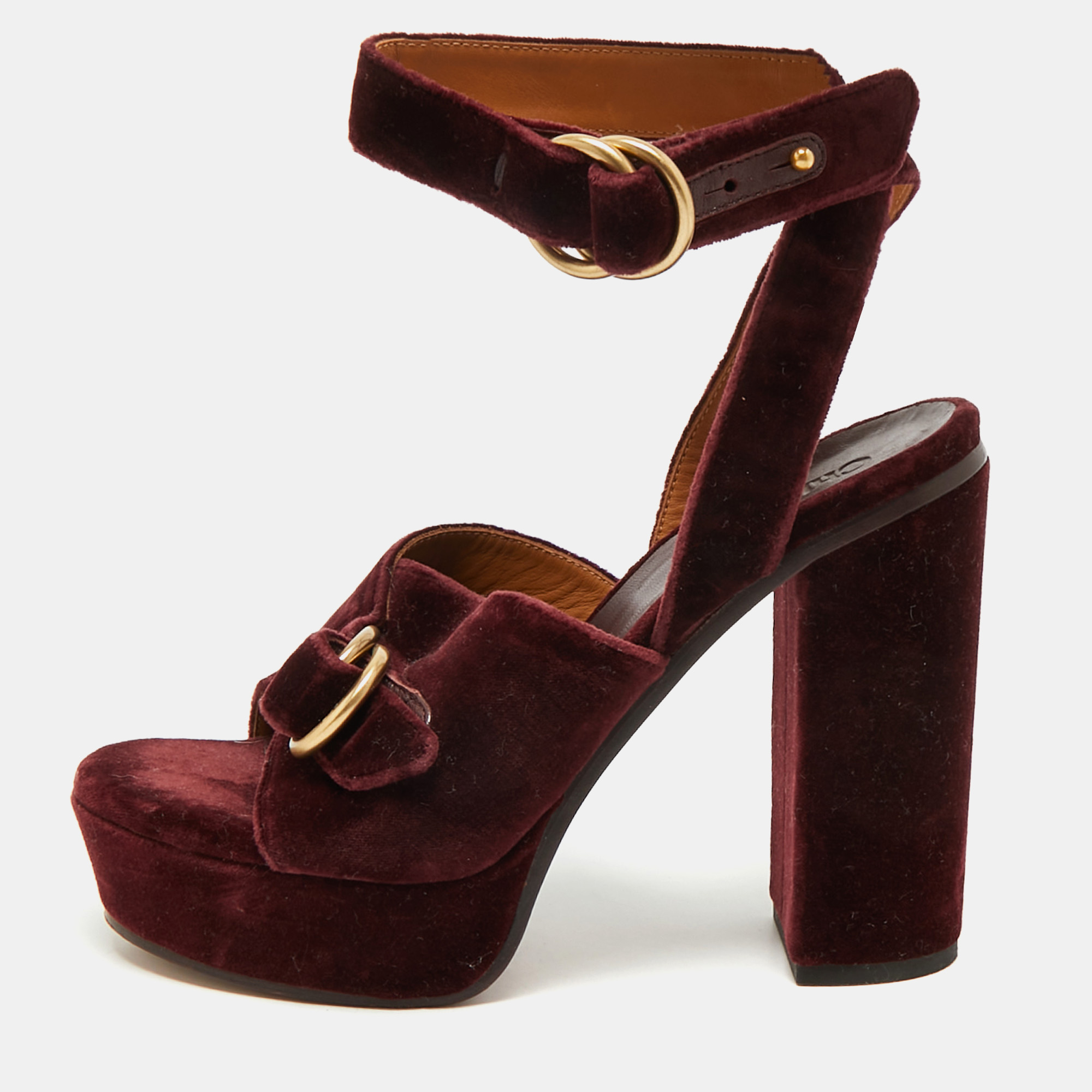 

Chloe Burgundy Velvet T Chunky High Heel Ankle Strap Sandals Size