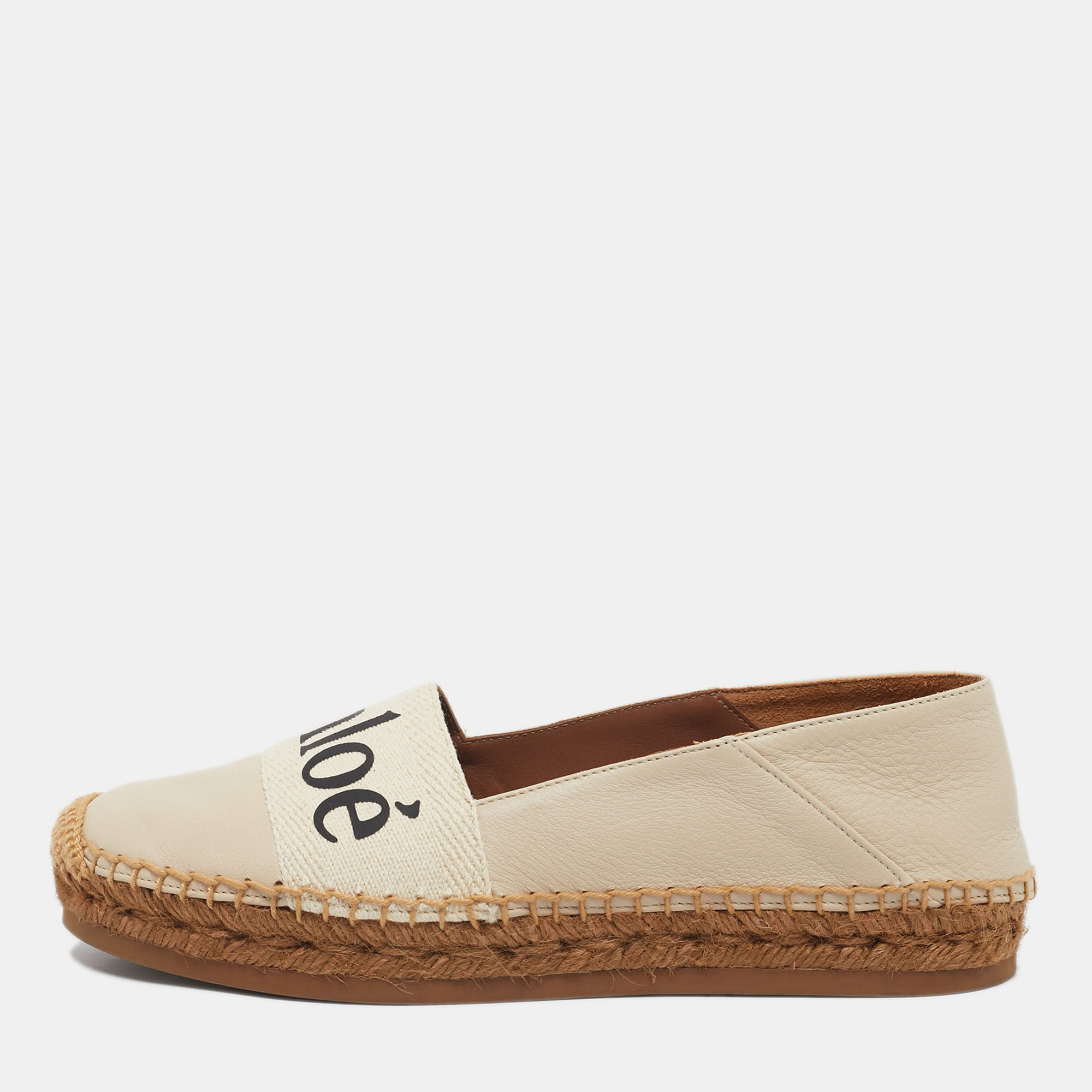 

Chloe Cream Leather and Logo Canvas Woody Espadrille Flats Size