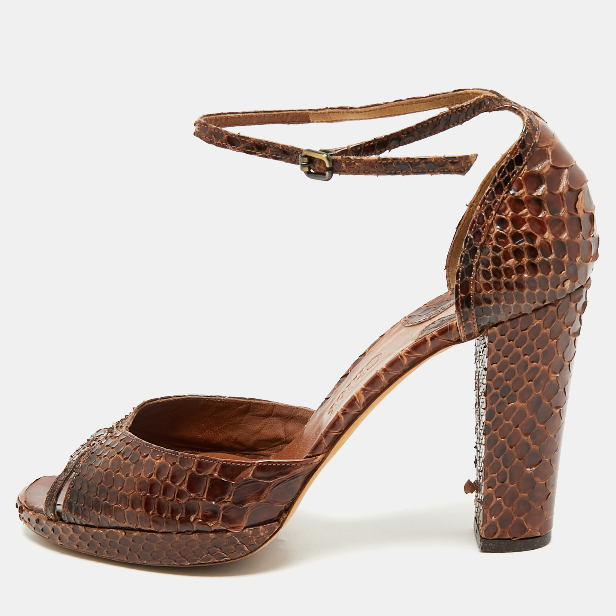 

Chloe Dark Brown Python Ankle Strap Sandals Size