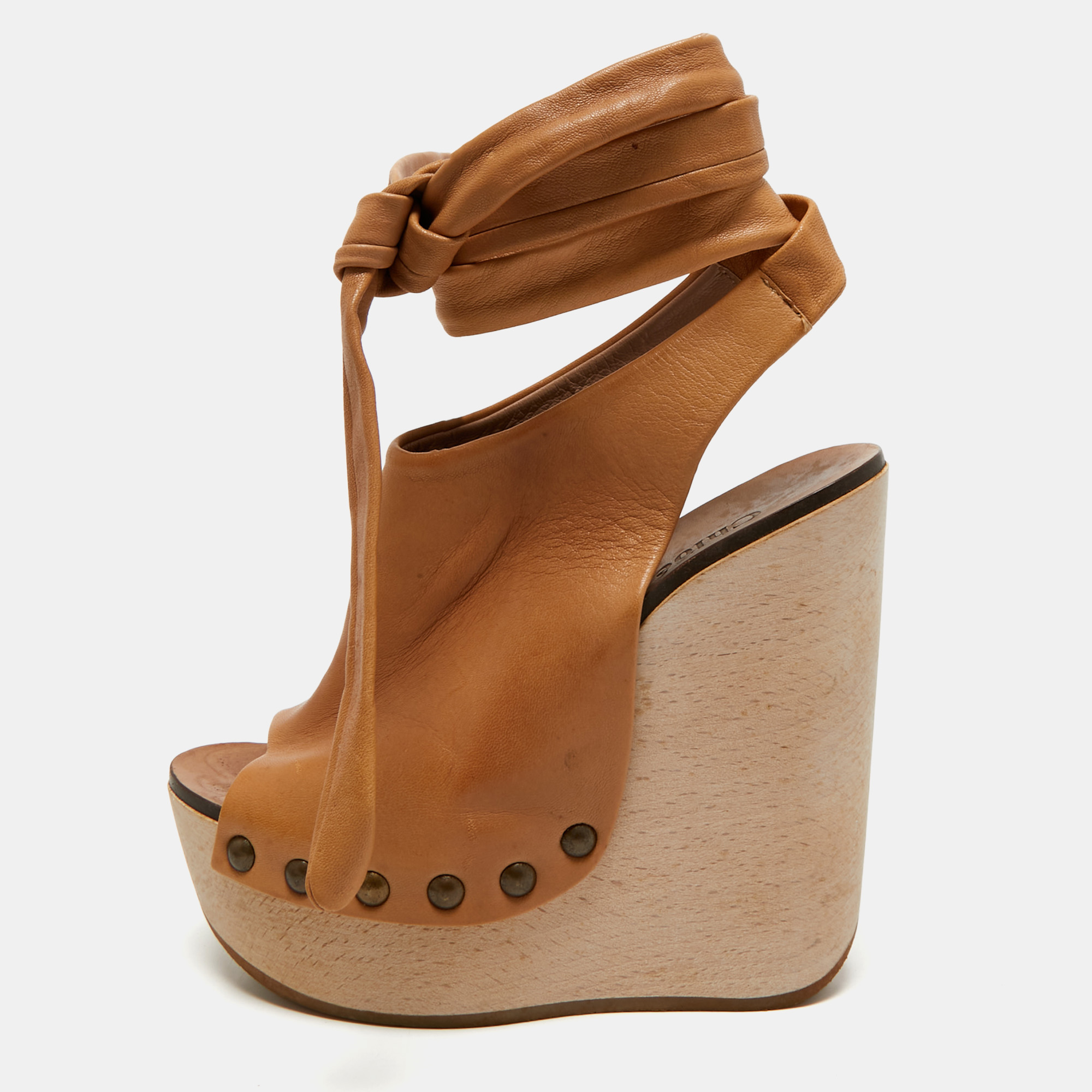 Pre-owned Chloé Tan Leather Ankle Wrap Platform Wedge Sandals Size 36 In Brown