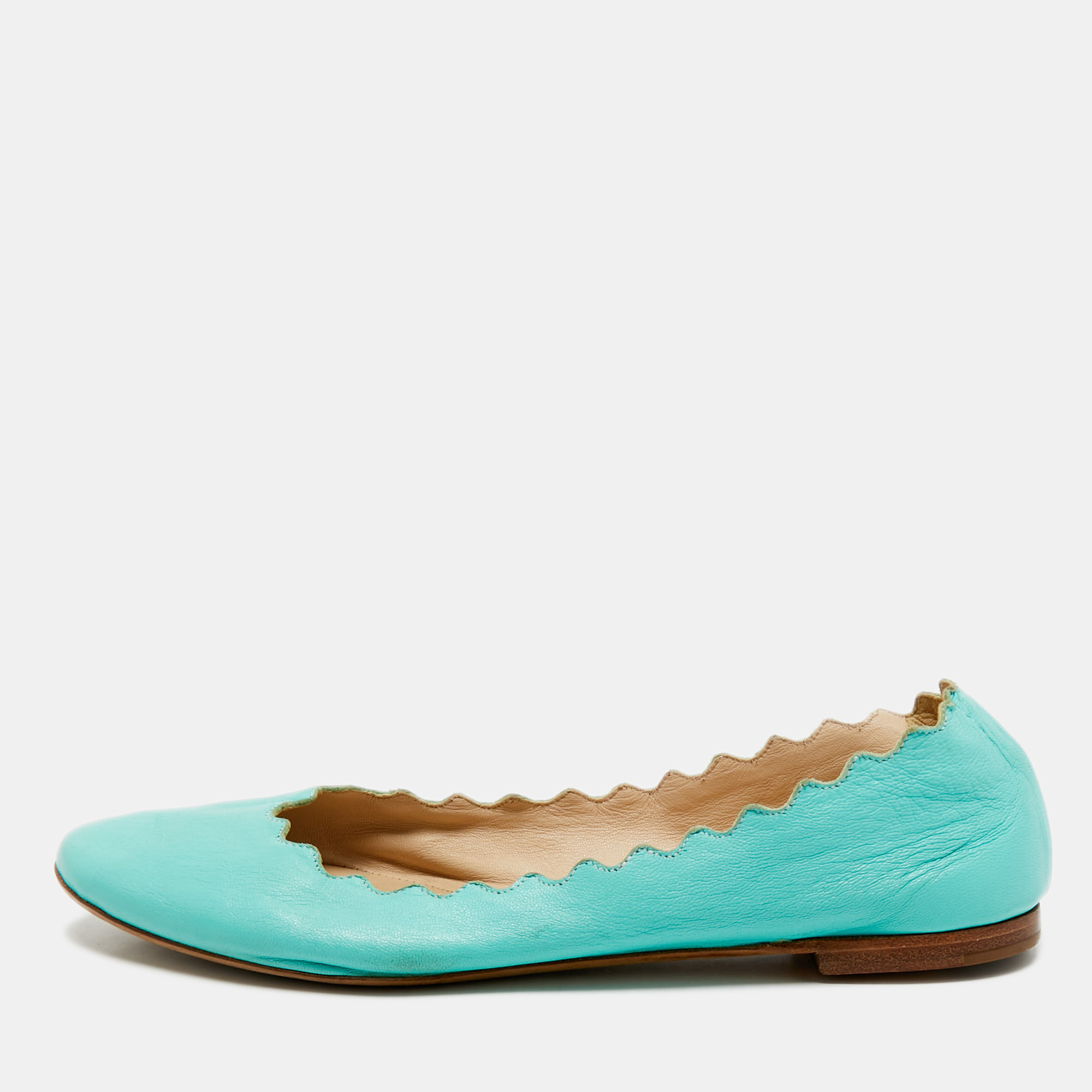 Pre-owned Chloé Turquoise Blue Leather Lauren Scalloped Ballet Flats Size 37