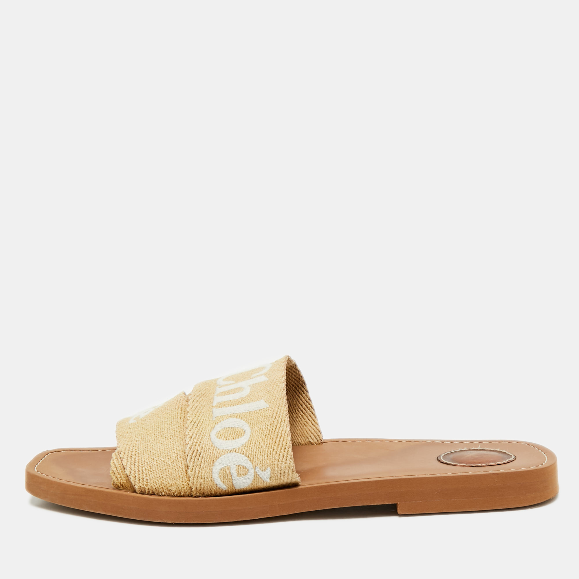 Pre-owned Chloé Cream Logo Print Canvas Woody Flat Slide Sandals Size 42 In White
